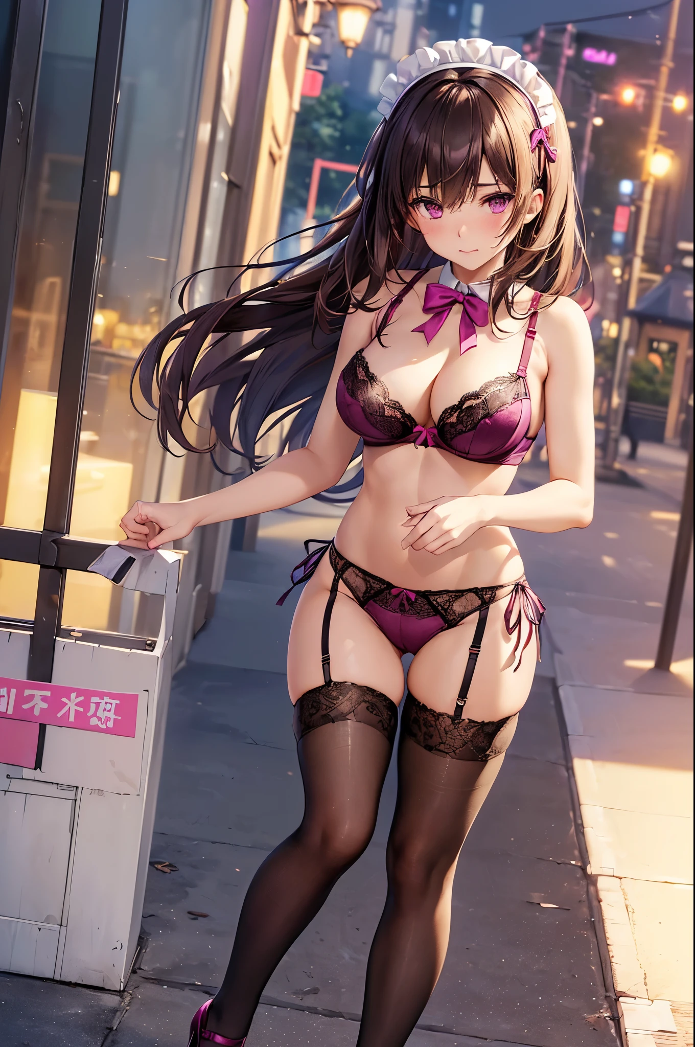(((masterpiece, highest quality, High resolution, 超High resolution, Perfect Pixel, Depth of written boundary, 4K, RTTX 10.0))), Beautiful Anime Woman, Beautiful art style, Anime characters, ((Smooth texture, Realistic texture, Anime CG Style)), Exact finger count、Exact number of legs、(Exact number of arms:1.0, Exact number of hands:1.0), (Perfect hands, Perfect Anatomy), Cinematic, Realistic, Extremely detailed CG, Daytime lighting, Perfect lighting, Best Shadow, The best natural light, whole body, Perfect body, (Slender body:1.2), ((Long Hair, bangs, Dark brown hair, Stylish hairstyle, Bobcut)), ((1人のcute女性は飲み物を歩いて運んでいる:1.6)), ((Alone:1.0)), beauty, cute, ((Bow tie around neck, High heels:1.3), (セクシーでcuteマゼンタ下着:1.3), (Stylish shiny magenta satin panties, Side-tie panties:1.3), (Thin panties:1.3), (Magenta Micro Lace Satin Bra, Thin bra:1.3), (garter belt, Knee socks:1.3):1.3), (beautiful and very large breasts:1.3), (Cleavage:1.4), (Beautiful and thin thighs:1.3), (Short torso:1.3), Feeling embarrassed, (blush:1.2), (Very embarrassed look:1.4), (At an outdoor amusement park, Roller coaster and Ferris wheel behind, Happy people in the background々, Cafe:1.3), naked, In underwear, Waitress in underwear, (Maid Headband:1.1), whole body, (Underwear waitress carrying drinks:1), Angle from the front