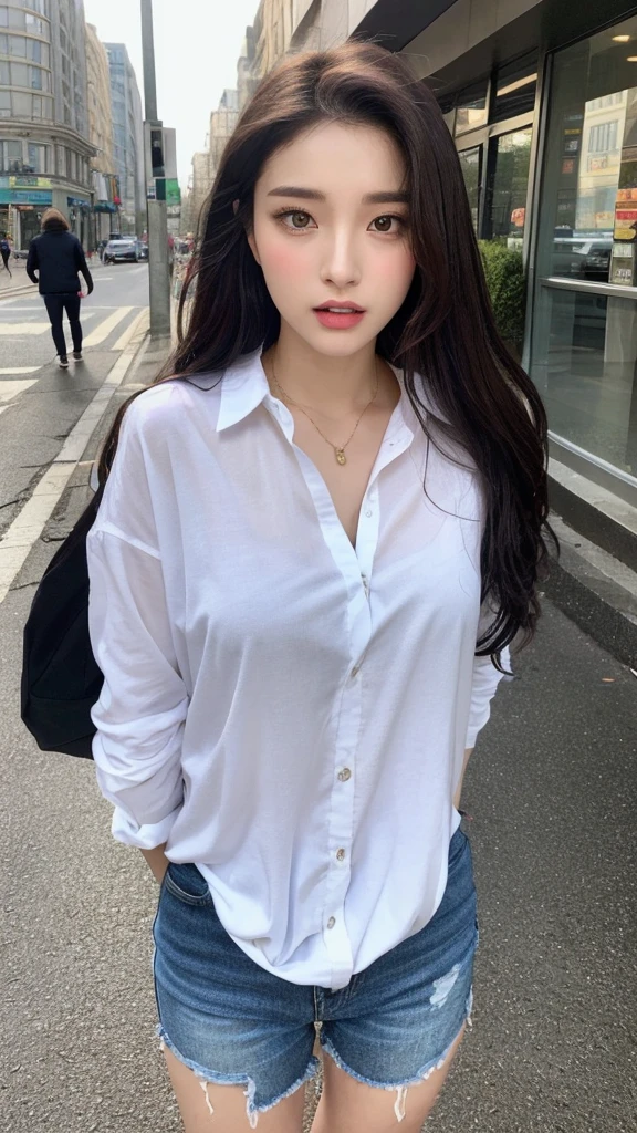 ((Best quality,8K,masterpiece:1.3)), 1girlhugebreasts, Serious expression, Full Body Love, face slimming, Beautiful woman, (Dark brown hair), Super detailed face, delicate eyes, Double eyelids, face slimming, Wear it on street(Wet White Button-Down Shirt:1.3),rain:1.3,street:1.2,Damp body:1.1,,,big,big,Golden Ratio Graphics,Full body portrait,Wear beautiful casual clothes