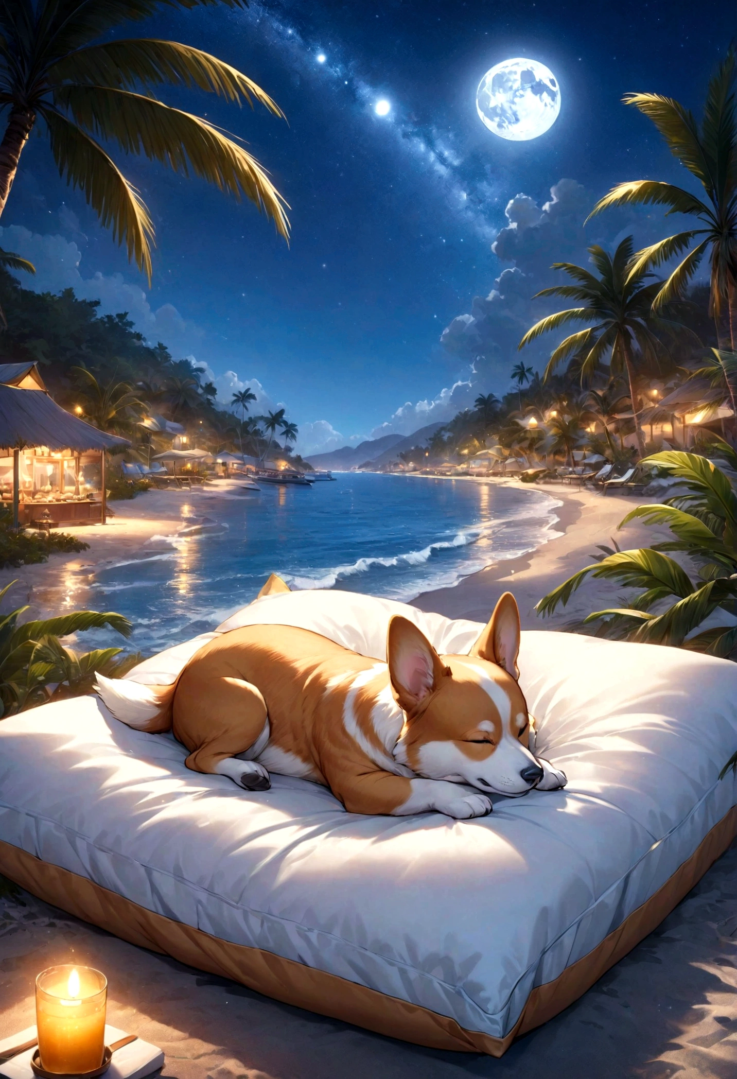 high resolution, 8K resolution, By the Sea, moon, Beautiful starry sky, Corgi sleeping soundly on a pillow,Palm tree,vacation,Fancy Meals,relax