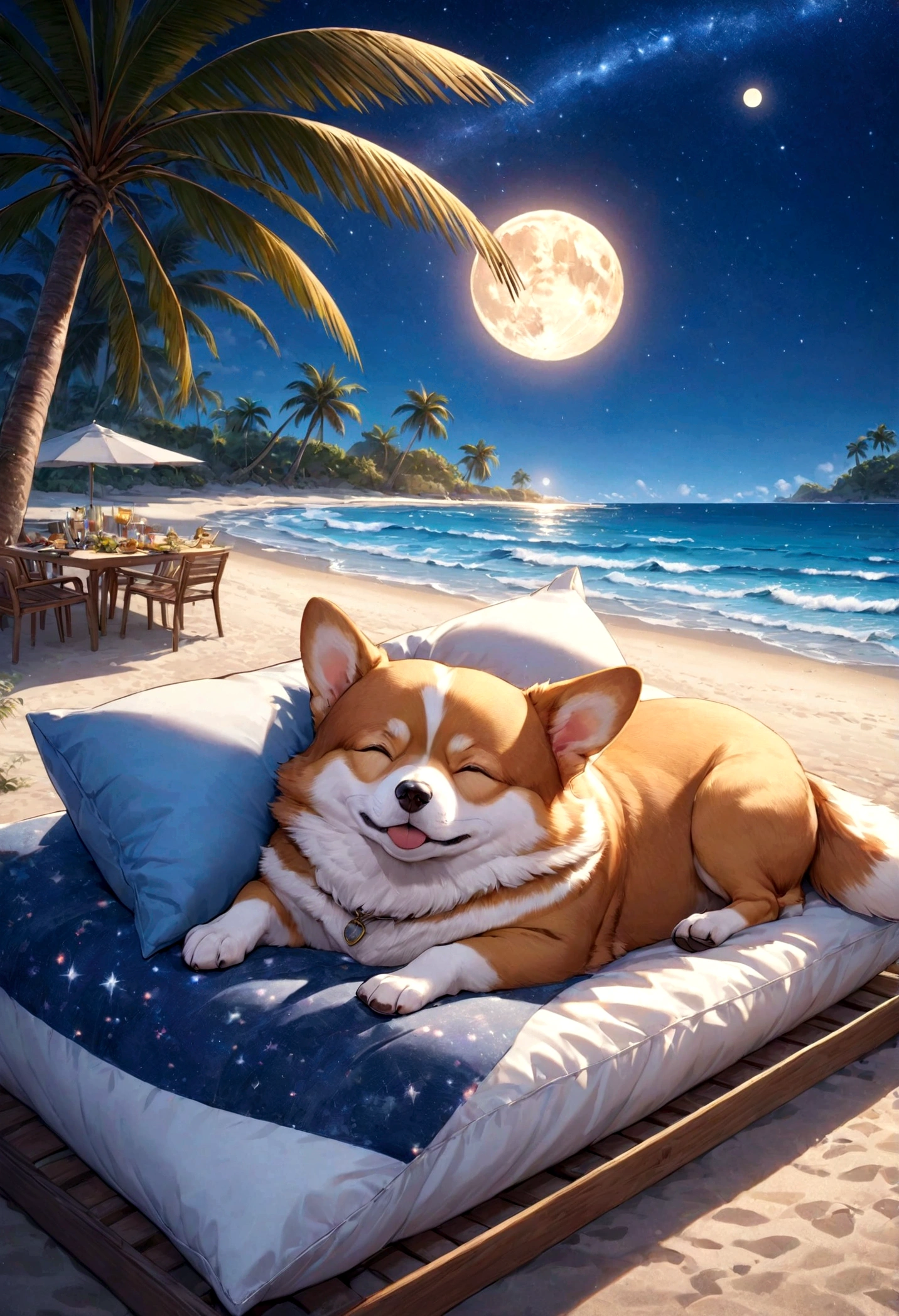 high resolution, 8K resolution, By the Sea, moon, Beautiful starry sky, Corgi sleeping soundly on a pillow,Palm tree,vacation,Fancy Meals,relax