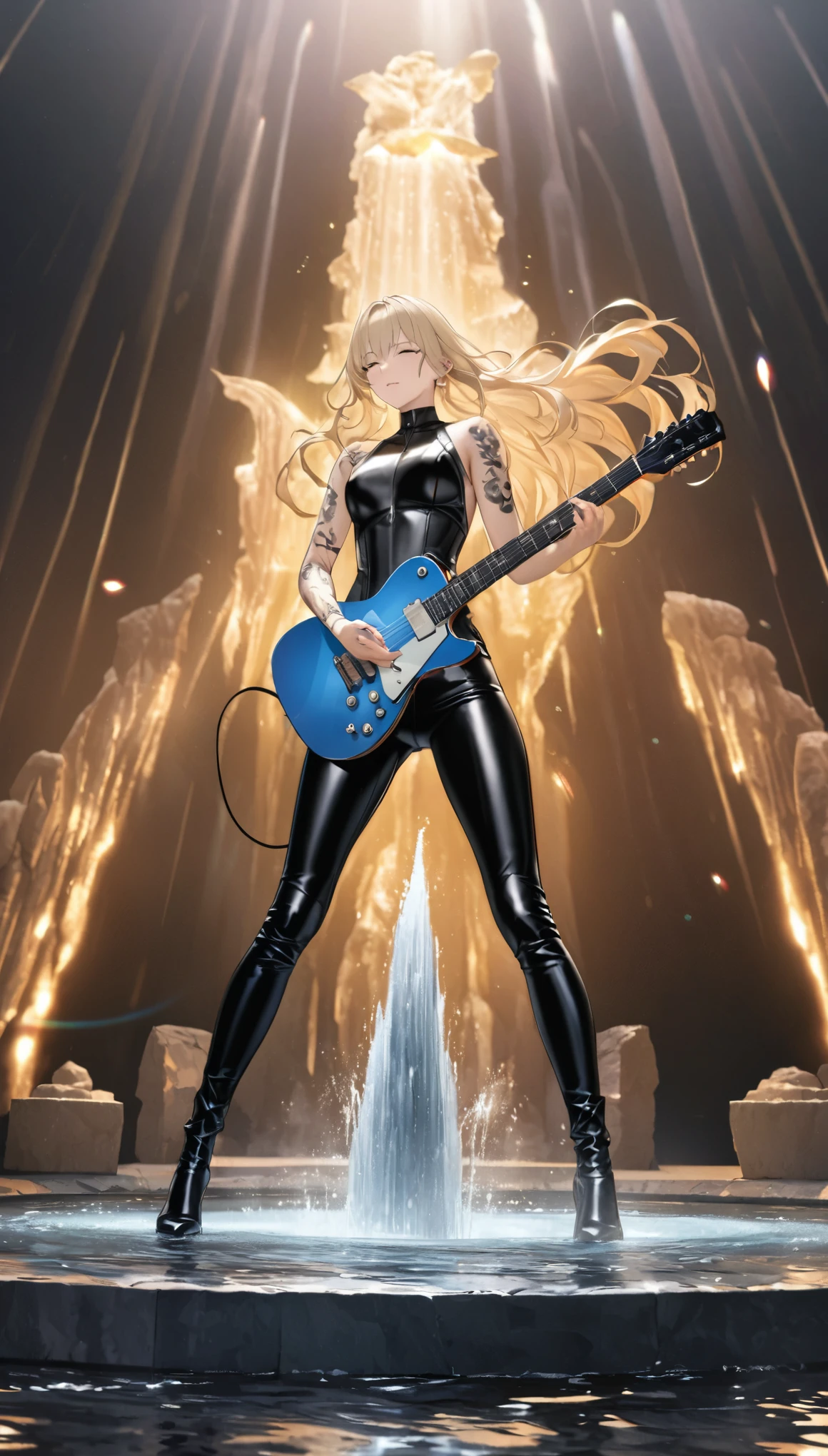 best quality, super fine, 16k, extremely detailed, 2.5D, delicate and dynamic, beautiful and cool rock guitarist playing guitar solo while standing in the center of stone fountain, cool guitar with star-shaped body, slim and tight leather outfit, tattoo on arms, blonde hair, mysterious and fantastical light-up effect