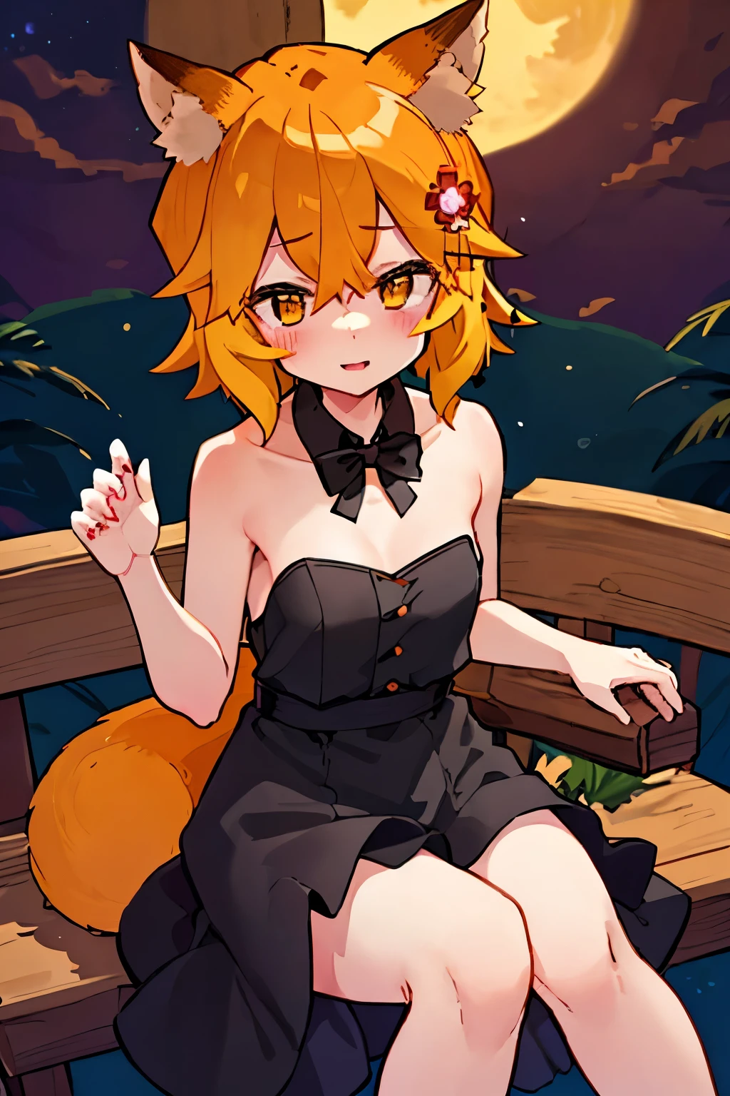 masterpiece, best quality, highly detailed, sen, animal ears, fox ears, fox girl, fox tail, hair flower, hair ornament, orange eyes, orange hair, short hair, tail, blush, looking at viewer, , girl, small breasts, detailed hands, keqing (opulent splendor) (genshin impact), official alternate costume, dress, night, strapless dress, looking at viewer, cleavage, black dress, strapless, bare shoulders, bangs, bow, detached collar, ribbon, double bun, two-tone dress, hair ornament, black bow, hair ribbon, blue dress, bowtie, sitting on bench