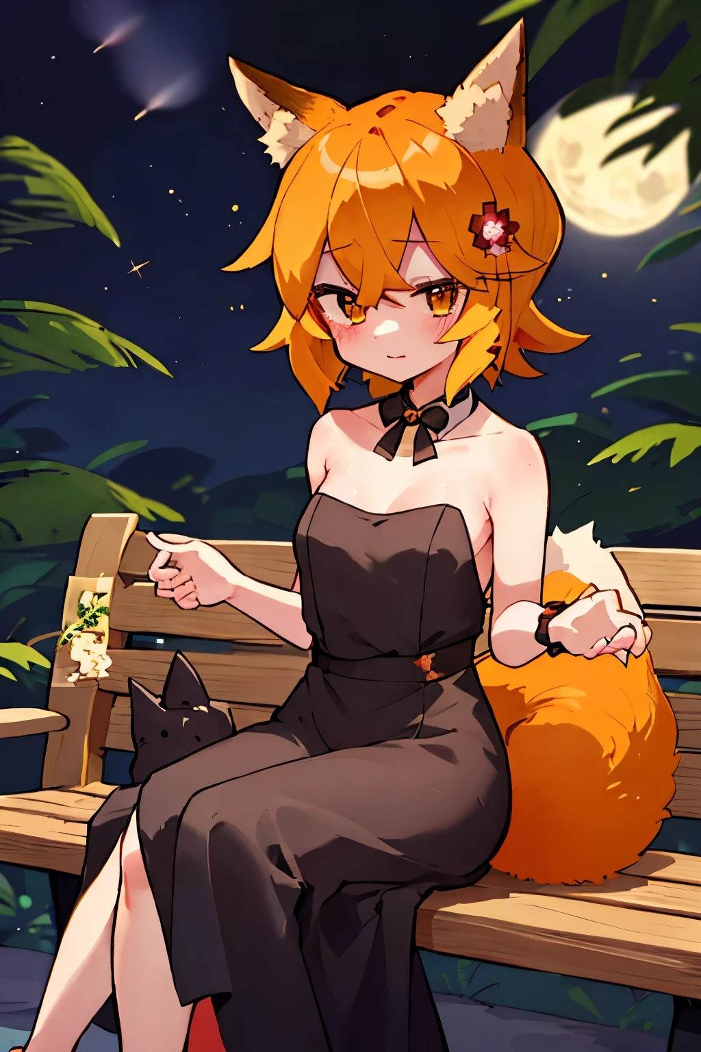 masterpiece, best quality, highly detailed, sen, animal ears, fox ears, fox girl, fox tail, hair flower, hair ornament, orange eyes, orange hair, short hair, tail, blush, looking at viewer, , girl, small breasts, detailed hands, keqing (opulent splendor) (genshin impact), official alternate costume, dress, night, strapless dress, looking at viewer, cleavage, black dress, strapless, bare shoulders, bangs, bow, detached collar, ribbon, double bun, two-tone dress, hair ornament, black bow, hair ribbon, blue dress, bowtie, sitting on bench