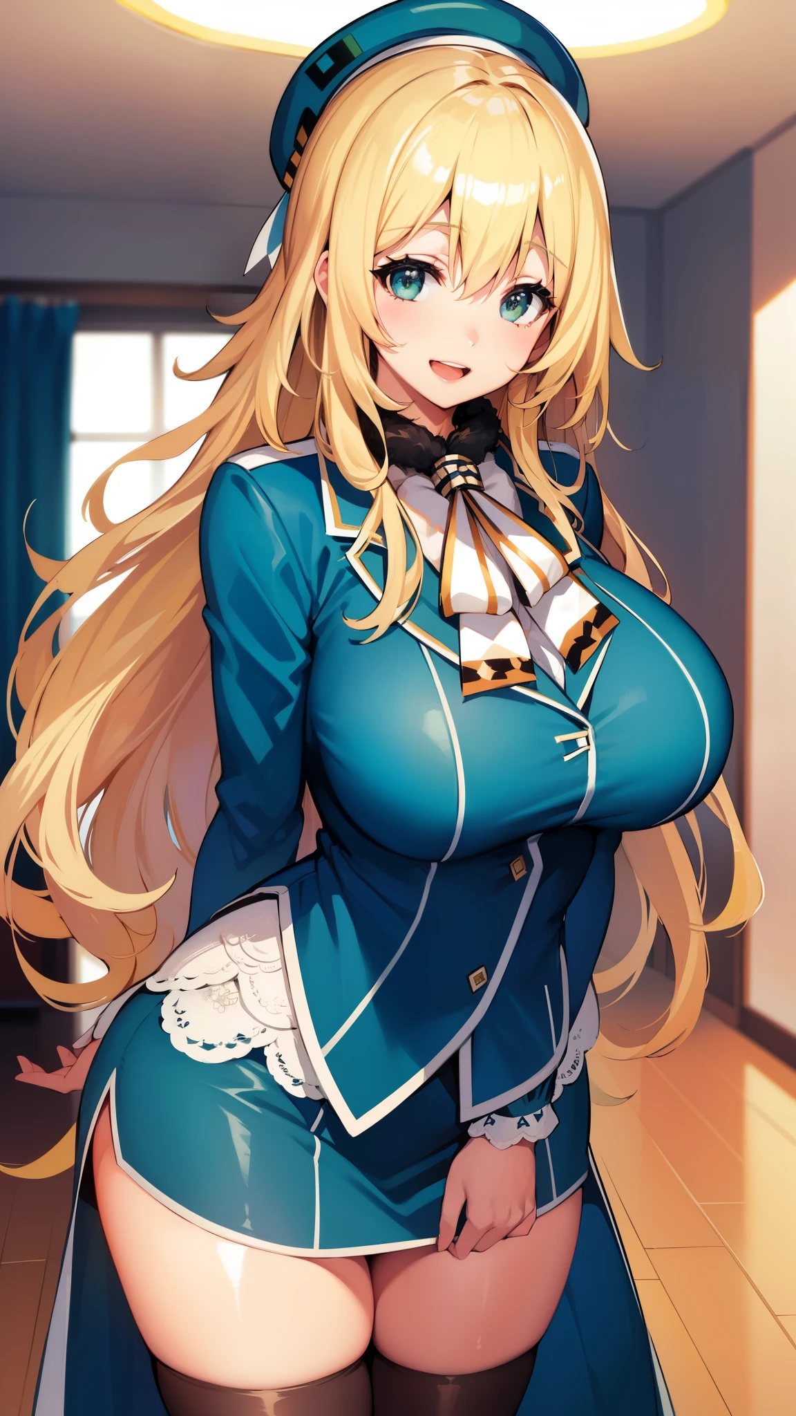 , Looking at Viewer,
blonde hair, large breasts, Smile, Open mouth, bsmile,wide hips,long hair,indoor,uniform,AtagoKC, (Atago) uniform,beret