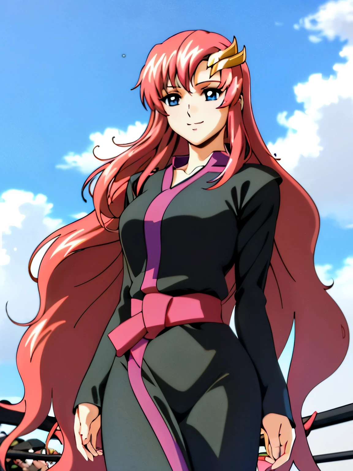 lacus4, (thin girl, masterpiece, cowboy shot, 4K, Best Quality, Anime style: 1.9, happy, tall woman, Adult Woman, (Crowd, cloud background), Drawing lines, high resolution, lacus4), 1girl, Solo, curvy figure, clavicle, scapular, (slim arms), large hands, (Detailed wide hair bangs, Hair Ornament, Detailed reddish-pink hair, shiny streaks, slim arms, detailed golden crest, long hair). (Big blue eyes, shiny eyes), ((female wrestler, (slim body), slim arms, closed fists)), ((perfect proportions)), ((black long abaya, black long abaya)), smile with a wink, (standing, hot colors), detailed fingers, 