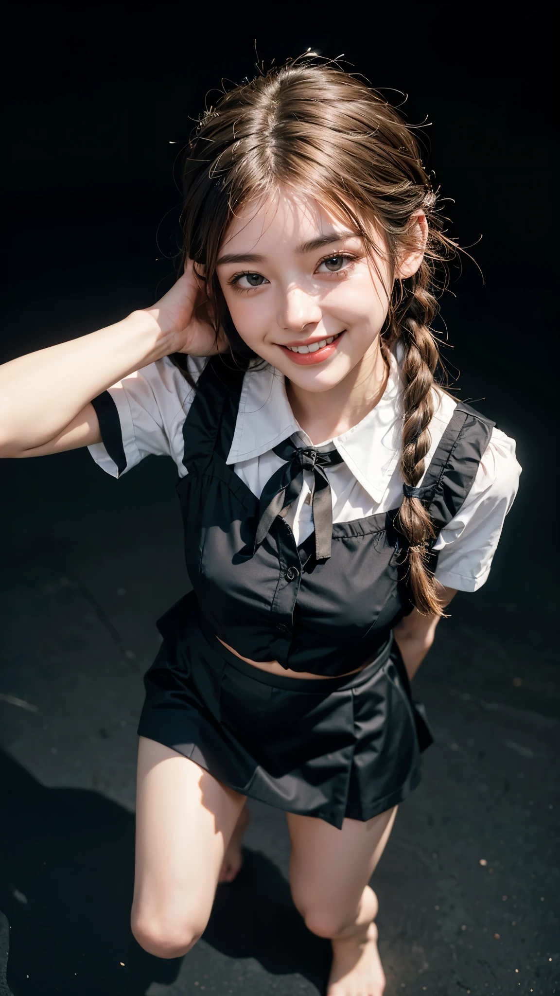 highest quality, masterpiece, Ultra-high resolution,8k, (Realistic:1.6), (Facing portraits) RAW Photos, 1 girl,(Smiling and winking, showing his teeth)), 22 years old,((Beautiful feet)),((Black collared shirt and mini skirt)),((Thin colored ribbon braided hair)),((From above:1.4)),Face Focus:1.4,((Simple solid color background)), Image Media Chest)),((Smiling with teeth showing)),