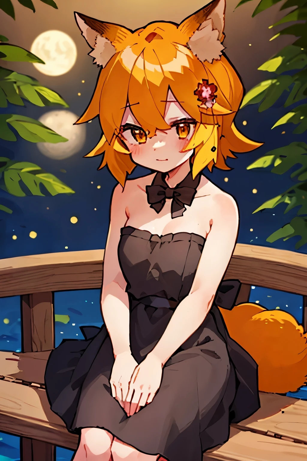masterpiece, best quality, highly detailed, sen, animal ears, fox ears, fox girl, fox tail, hair flower, hair ornament, orange eyes, orange hair, short hair, tail, blush, looking at viewer, , girl, small breasts, detailed hands, keqing (opulent splendor) (genshin impact), official alternate costume, dress, night, strapless dress, looking at viewer, cleavage, black dress, strapless, bare shoulders, bangs, bow, detached collar, ribbon, double bun, two-tone dress, hair ornament, black bow, hair ribbon, blue dress, bowtie, sitting on bench