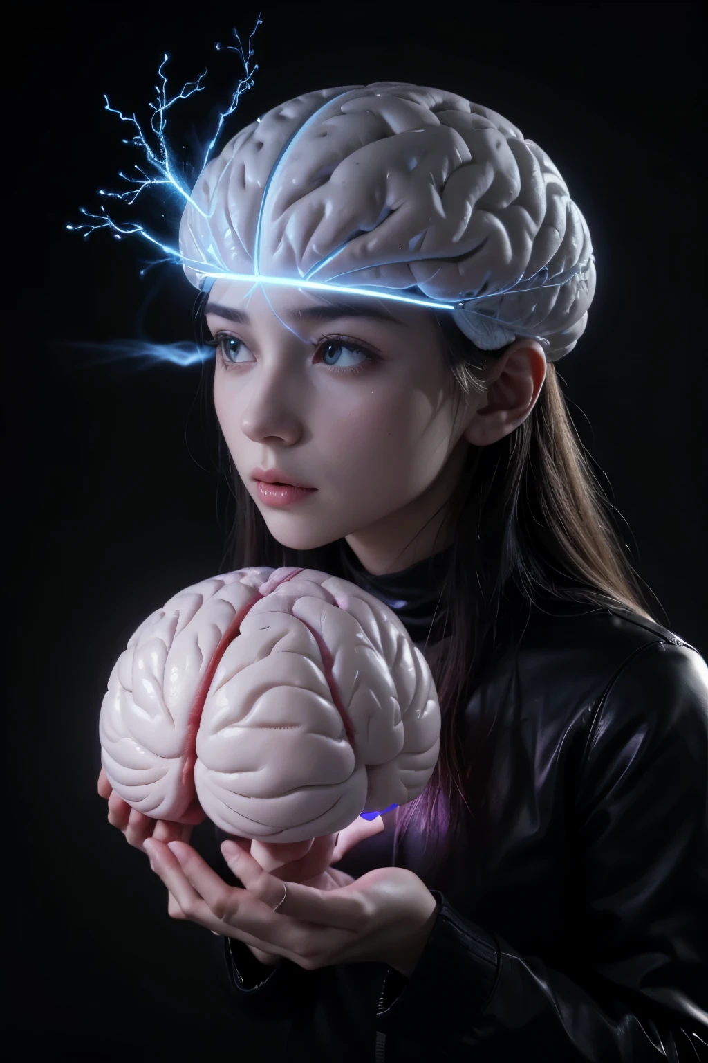 Imagem de um cerebro sem rosto, em 3d,brain having ideas, com caractres, vetorizado em 3