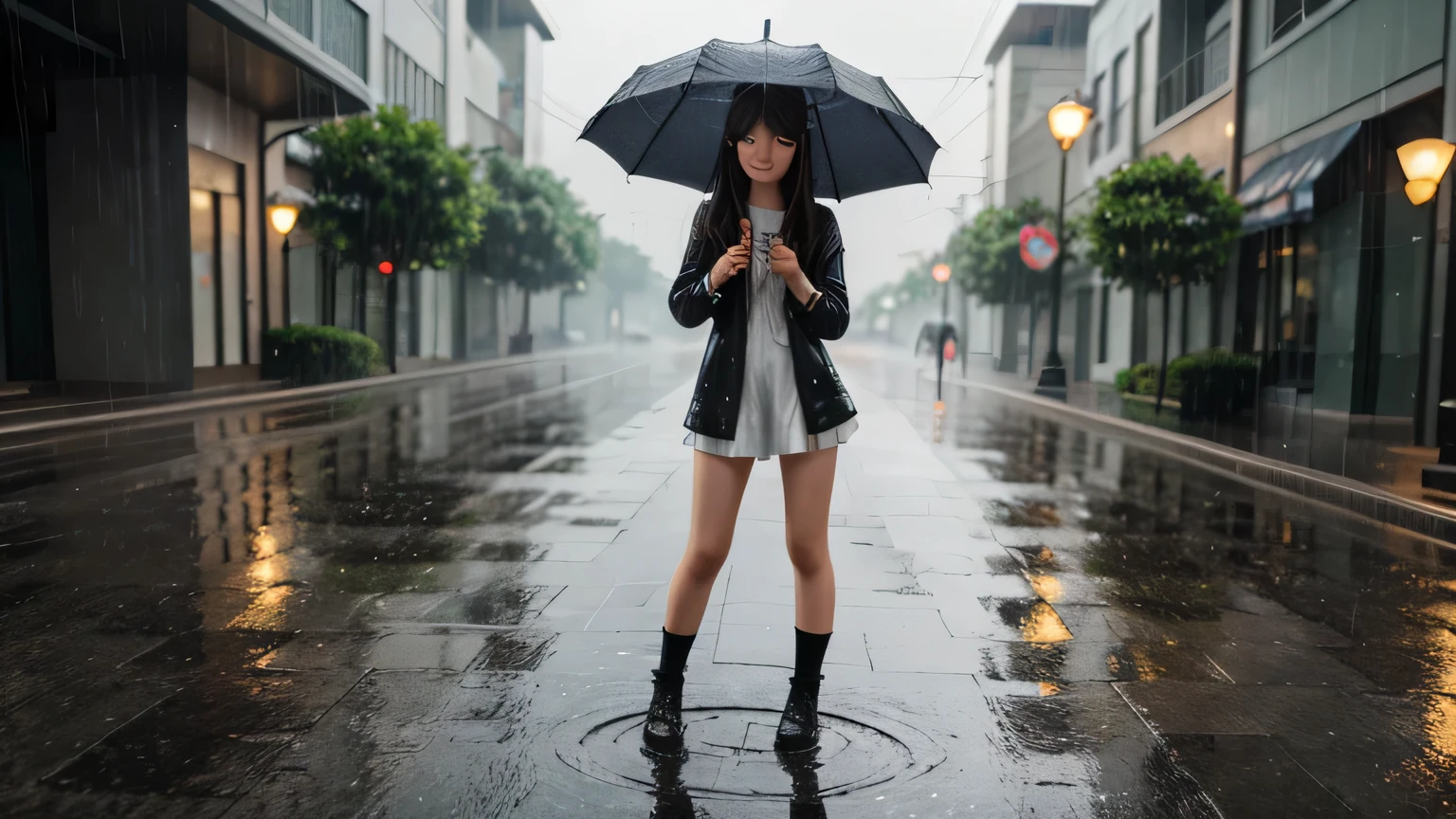 the girl cute face ,playing with the rain , full body , anime (high detail:1.4), (highres:1.4), (ultra detailed:1.4)