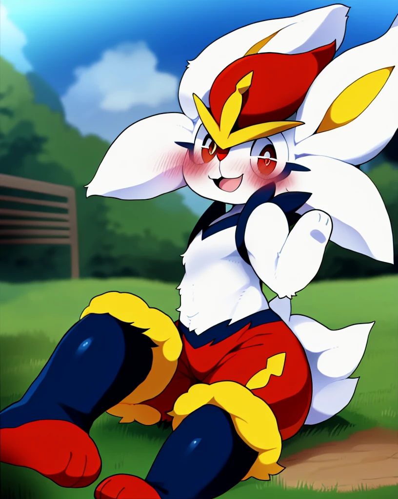 Cinderace, male,  dagasi, animal focus, (pokemon), (solo), cute eyes, cute smile, ((symmetrical)), anatomically correct, masterpiece, best quality, detailed background, fullbody, kemono, fluffy, kicking a ball