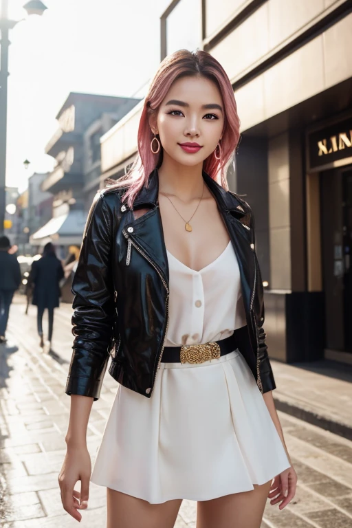 1 girl, Korean model, extremely beautiful, perfect body. The Canon EOS R5 200mm f/11 IS III USM camera adjusts to sharp shooting mode for landscapes and the whole body of characters. 8K photo quality, lifelike, masterpiece, sharpest and highest contrast, super realistic color photos. Her hair is pink, long and smooth, the wind blows it beautifully under the bright sunlight. Beautiful face, perfect and sexy, holy, perfectly proportioned, beautiful in every detail, ((shiny)), high-end cosmetic makeup. Bright smile, pure white teeth and details. Attractive glossy red lips, brilliant glossy red lipstick. Brown eyes, glossy, seductive, ((sharp makeup)), realistic, ((wet eyes)), detailed. Pink eyeshadow, long eyelashes, blush, high-end cosmetics. Two delicate eyelids, perfectly beautiful and detailed, black eyelashes. Eyebrows are curved, sparse, sharp and detailed. High and detailed nose. Cheeks are prominent and detailed. ((Bright white skin)), detailed pores, shiny skin, smooth skin. Long, shiny legs. Hands are beautiful, perfect, ((no flaws)), no defects. Complex light, yellow-black rays, ((lights the face)), sparkling sunlight, ((lights the girl's body)). Gold and silver earrings, diamond necklace, emerald belt, Rolex watch.
Slim fitted jacket skirt above the knee, hot atmosphere, cinematic lighting, fantasy, large depth of field, stereoscopic lighting, detailed modern street background. ((Full body photo of girl from head to toe)) standing on a crowded street.