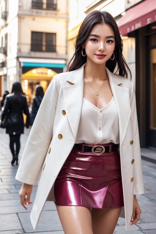 1 girl, Korean model, extremely beautiful, perfect body. The Canon EOS R5 200mm f/11 IS III USM camera adjusts to sharp shooting mode for landscapes and the whole body of characters. 8K photo quality, lifelike, masterpiece, sharpest and highest contrast, super realistic color photos. Her hair is pink, long and smooth, the wind blows it beautifully under the bright sunlight. Beautiful face, perfect and y, holy, perfectly proportioned, beautiful in every detail, ((shiny)), high-end cosmetic makeup. Bright smile, pure white teeth and details. Attractive glossy red lips, brilliant glossy red lipstick. Brown eyes, glossy, seductive, ((sharp makeup)), realistic, ((wet eyes)), detailed. Pink eyeshadow, long eyelashes, blush, high-end cosmetics. Two delicate eyelids, perfectly beautiful and detailed, black eyelashes. Eyebrows are curved, sparse, sharp and detailed. High and detailed nose. Cheeks are prominent and detailed. ((Bright white skin)), detailed pores, shiny skin, smooth skin. Long, shiny legs. Hands are beautiful, perfect, ((no flaws)), no defects. Complex light, yellow-black rays, ((lights the face)), sparkling sunlight, ((lights the girl's body)). Gold and silver earrings, diamond necklace, emerald belt, Rolex watch.
Slim fitted jacket skirt above the knee, hot atmosphere, cinematic lighting, fantasy, large depth of field, stereoscopic lighting, detailed modern street background. ((Full body photo of girl from head to toe)) standing on a crowded street.