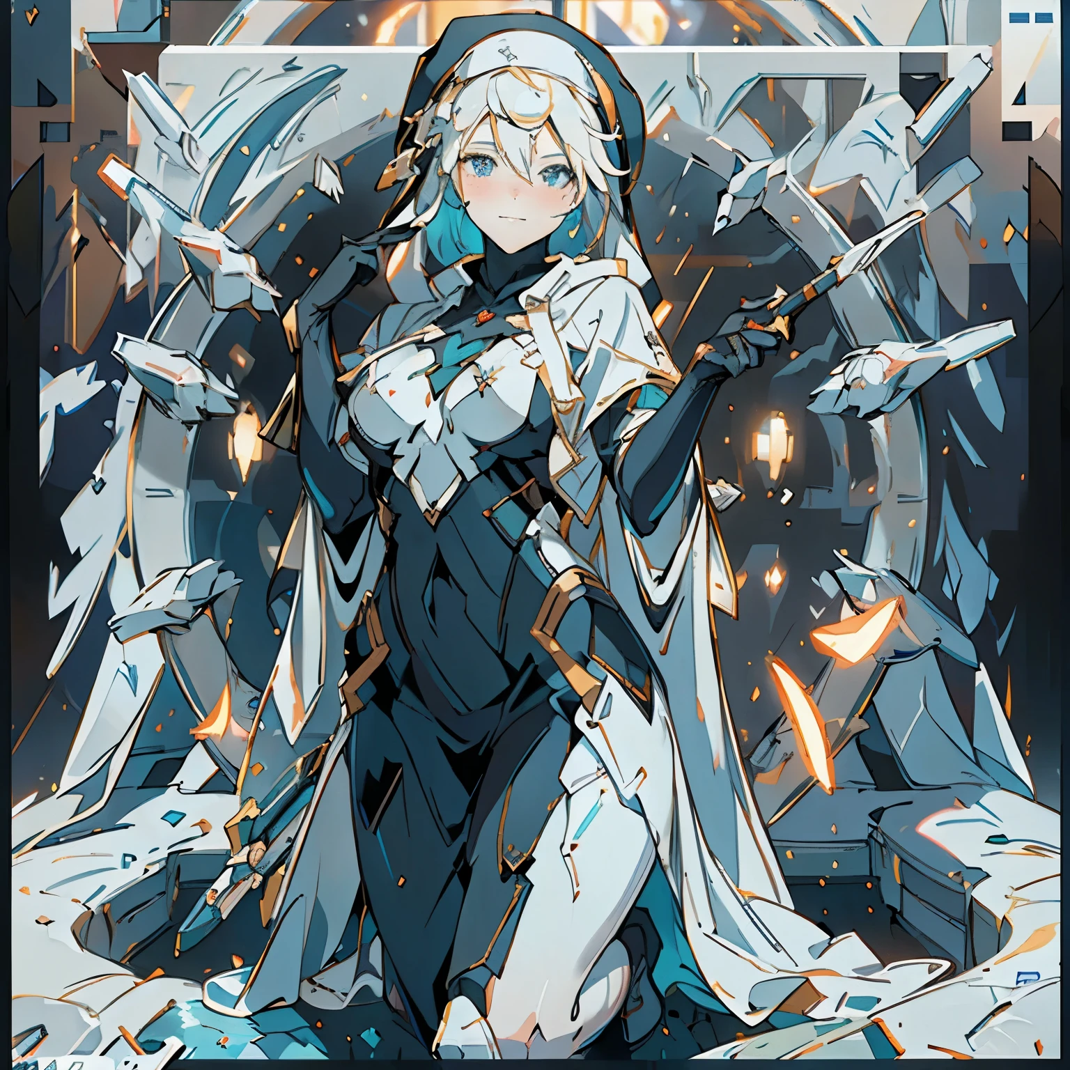 1 adult woman, alone, High detail mature face, long bread blond hair, smile, blue eyes, black and white Nun hat, high res, ultra sharp, 8k, masterpiece, looking at viewer, long black gloves, Sharp eyes, ((Best quality)), ((masterpiece)), 3D, HDR (High Dynamic Range),Ray Tracing, NVIDIA RTX, Super-Resolution, Unreal 5,Subsurface scattering, PBR Texturing, Post-processing, Anisotropic Filtering, Depth-of-field, Maximum clarity and sharpness, Multi-layered textures, Albedo and Specular maps, Surface shading, Accurate simulation of light-material interaction, Perfect proportions, Octane Render, Two-tone lighting, Wide aperture, Low ISO, White balance, Rule of thirds,8K RAW, Aura, masterpiece, best quality, Mysterious expression, magical effects like sparkles or energy, flowing robes or enchanting attire, mechanic creatures or mystical background, rim lighting, side lighting, cinematic light, ultra high res, 8k uhd, film grain, best shadow, delicate, RAW, light particles, detailed skin texture, detailed cloth texture, beautiful face, fighting stance , holding staff