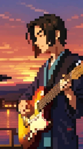Mt. Fuji, Masterpiece-quality depiction, Impressionistic style, Guitarist, Twilight, With the sunset painting the sky in hues of orange and pink, Mt. Fuji emerges majestically in the distance, bathed in the golden light of the setting sun. The guitarist stands on a serene hill, silhouetted against the backdrop of the mountain, his fingers gracefully strumming a guitar that harmonizes with the melody of the wind. The composition, brimming with best quality detail and color, is a visual symphony that encapsulates the serene beauty of the Japanese landscape at twilight.