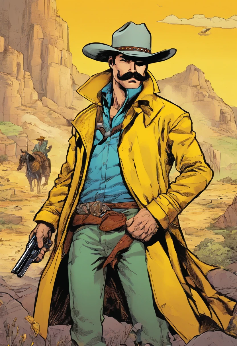 A Tex-style cowboy with a mustache in a yellow trench coat holding a revolver, ambiente de montanhas rochosas e cavalos