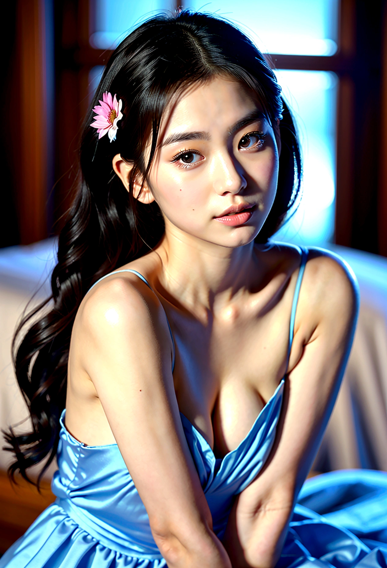 A Japanese woman in her 20s wearing a blue dress posing for a full-body photo, Beautiful Japanese girl face, Beautiful Asian Girl, Japanese Model, Girl cute beautiful face, Real young gravure idol, Beautiful Korean Women, Gorgeous Young Korean Woman, Beautiful young Korean woman, Young Sensual Gravure Idol, A young and cute gravure idol, Japanese Goddess