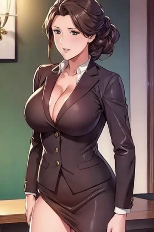 Holley,Wearing brown office suit,(((Full breasts,)))(((Large Breasts))) (((Cleavage))), high quality,4k,