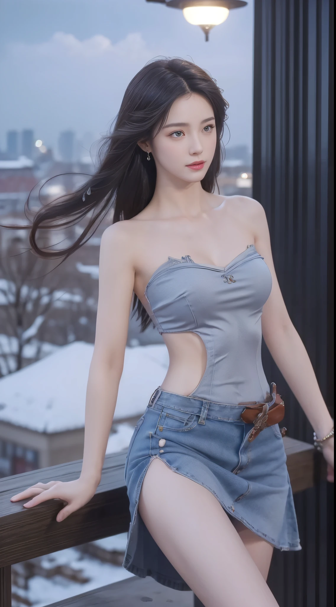 ((cowboy shot)), ((Bare shoulder)), ((Short hemlines, sexy long legs)), ((Elegant and charming posture, random view shots)), realistic detailed photo of a giant breasted girl with exposed shoulders, detailed fingers, high quality skin, red eyes, alone in a winter scene with clouds, wind, and flowing hair, (best quality,4k,8k,highres,masterpiece:1.2),ultra-detailed,(realistic,photorealistic,photo-realistic:1.37),studio lighting,vivid colors