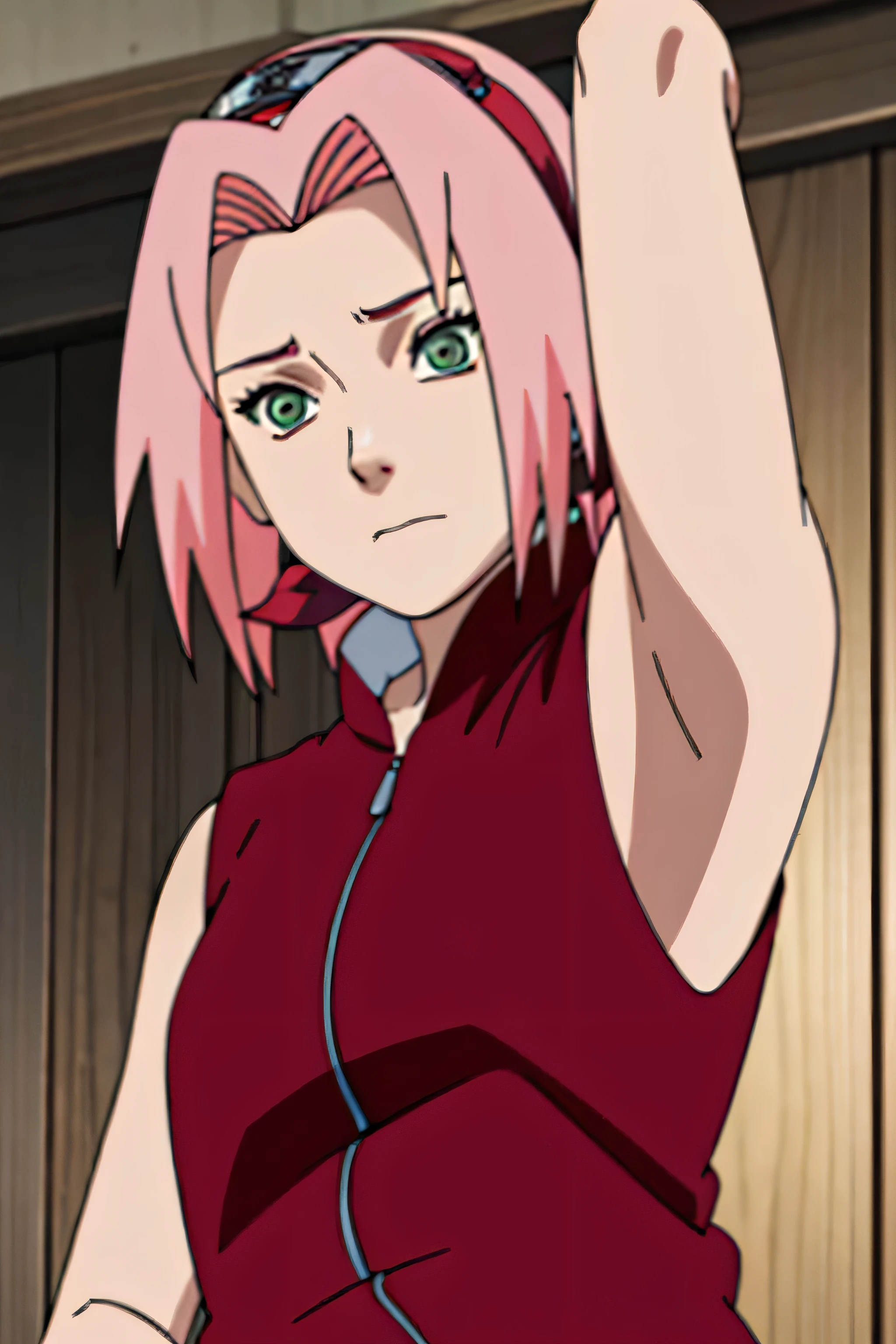 sakura haruno, sleeveless, red jacket, forehead protector, konohagakure symbol, arms behind head, armpits, showing armpits, posing, green eyes, perfect proportions, sakura shippuden