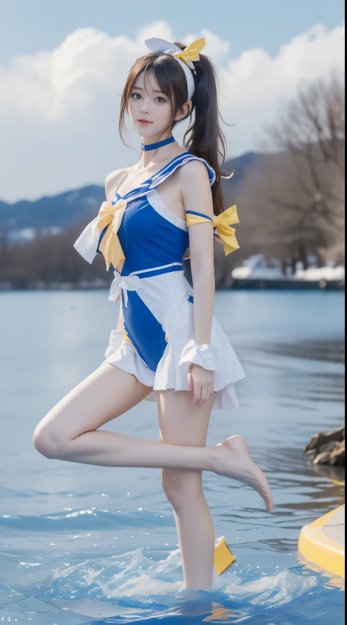 1girl,barbara, twintails,white coat,brown hair,blue one-piece swimsuit,choker, sailor hat, blue sailor collar, detached sleeves,(yellow bowtie),
((cowboy shot)), ((Bare shoulder)), ((Short hemlines, sexy long legs)), ((Elegant and charming posture, random view shots)), realistic detailed photo of a giant breasted girl with exposed shoulders, detailed fingers, high quality skin, red eyes, alone in a winter scene with clouds, wind, and flowing hair, (best quality,4k,8k,highres,masterpiece:1.2),ultra-detailed,(realistic,photorealistic,photo-realistic:1.37),studio lighting,vivid colors