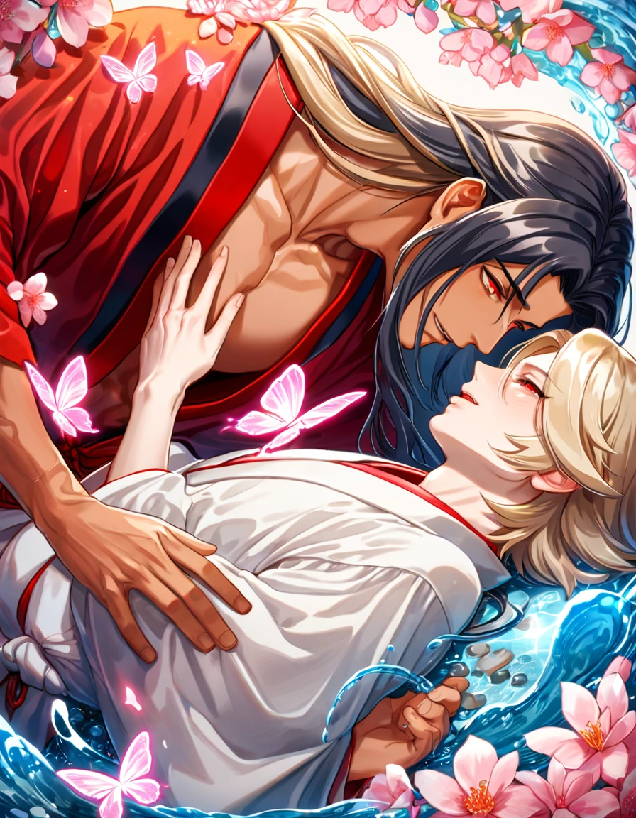 absurdres, highres, ultra detailed, HDR, master piece, best quality, extremely detailed face, delicated features, tanned skin, Asura, black long hair, untamed hair, expressive red eyes, Onmyoji, Taishakuten, ash-blonde hair, short hair, two sexy men together, gay couple, yaoi, handsome, white kimono, red haori, water, blossoms, pink flowers, pink butterflies, fantasy, magic, radiant