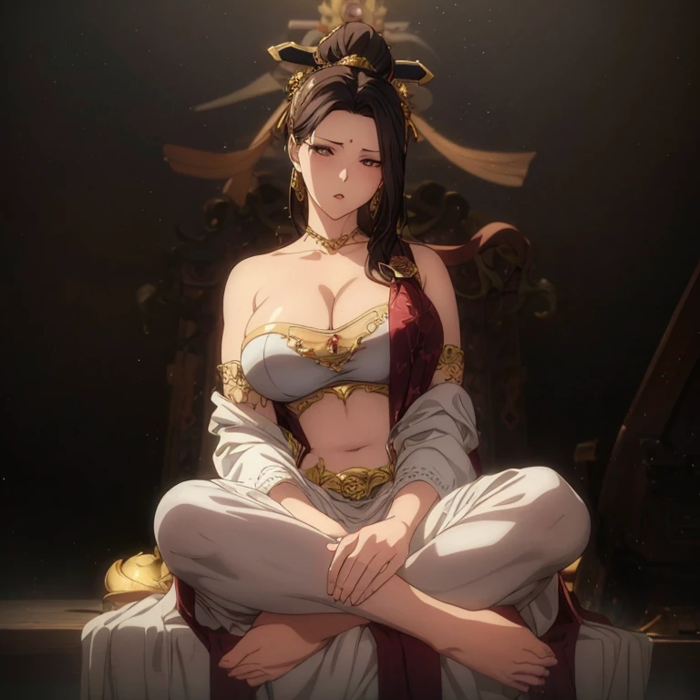 A girl,Solitary,Gray background,Artistic Lighting,Beautiful Asian goddess,Brown long hair,High Ponytail,Blonde headband,Exquisite facial features,Thin white lace dress,gold embroidery on skirt,Sleeveless,Smooth skin,huge :1.5(((Full breasts,)))(((Large Breasts))) (((Cleavage))),,Sit cross-legged,Hands together,center,symmetry,from below,Abdominal Shot
