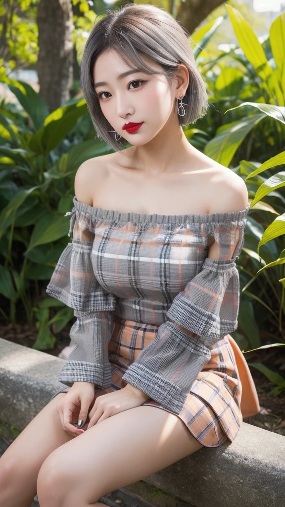 (8k, Photorealistic, Raw photo, Highest quality: 1.4),Japanese idol-style beautiful girl,1 person,18-year-old,Hairstyle(Very Short Bob,silver),She has her hair tucked behind her ears,She wears small earrings in her ears,(pupil(big,Transparent grey :1.5)),Long eyelashes,Plump Cheeks,(lips(lipstick(peach :1.3)Painting,lipstickの上からグロスを塗り艶やかでふっくらとしている)),Smiling,A short pendant is hanging around her neck,Thin and delicate shoulders,(Manicure(Black :1.5)on the nails of both hands),Thin waist,(barefoot),(Manicure(Black)on the nails of both feet.),(Summer knitwear(Off the shoulder :1.5,Plain :1.7,White :1.7)Wearing it on bare skin),I can see her cleavage,(Pleated skirt(Plaid,Black :1.7)Wear),(On the grass under the tree in the park),(Sit in a hu sit :1.7),(Place your hands on your crotch),She is surrounded by the gentle sunlight filtering through the trees.,Angle from the front,whole body ports