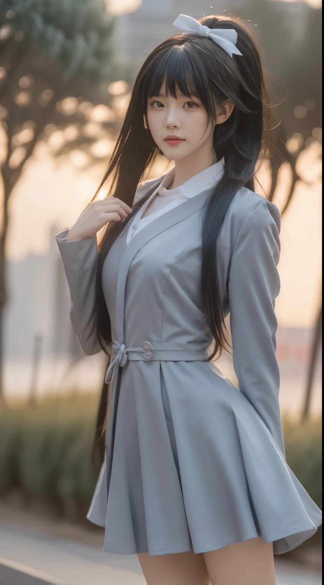 1girl, solo,hazuki ren,cosplay,
black hair,long hair,high ponytail, white hair bow, blunt bangs,
yuigaoka ,, blue jacket, red neck ribbon, black loafers, white socks, long sleeves, white collared shirt, grey dress, open jacket, pinafore dress,
((cowboy shot)), ((Bare shoulder)), ((Short hemlines, sexy long legs)), ((Elegant and charming posture, random view shots)), realistic detailed photo of a giant breasted girl with exposed shoulders, detailed fingers, high quality skin, red eyes, alone in a winter scene with clouds, wind, and flowing hair, (best quality,4k,8k,highres,masterpiece:1.2),ultra-detailed,(realistic,photorealistic,photo-realistic:1.37),studio lighting,vivid colors