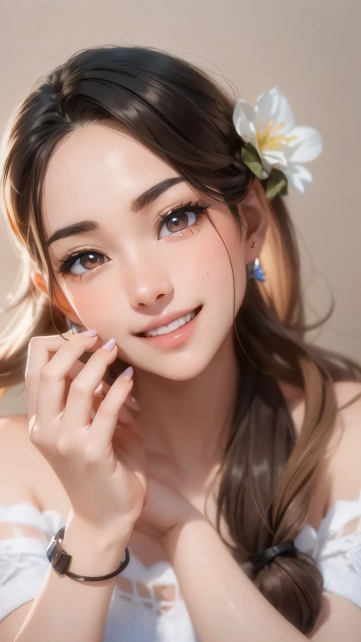 (masterpiece,best quality quality、8K ),insanely detailed, caustics,one cute girl,smile with open mouth,class room,
(School Uniforms:1.2), (wear a beige knit-sweater over a white shirt:1.3), (red bow:1.3), (plaid pattern pleated skirt:1.3),
detailed and beautiful eyes、(glossy lip、Crystal clear skin、White and beautiful skin:1.2),long lashes、eye highlights,Hyper realistic,Perfect Anatomy,Attractive