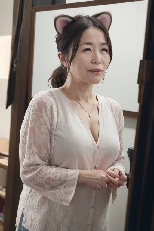 Beautiful mature Japanese woman in her 60s, beautiful Female wrestler, Female wrestler, Long eyelashes, Chubby body type, ((Cat ear)), Low Ponytail, Cleavage, Professionalレスリング, (highest quality,4K,8k,High resolution,masterpiece:1.2),Super detailed,(Realistic,photoRealistic,photo-Realistic:1.37),Studio Lighting,Ultra-fine painting,Sharp focus,Physically Based Rendering,Very detailed explanation,Professional,Vibrant colors,Bokeh,Portraiture,photograph