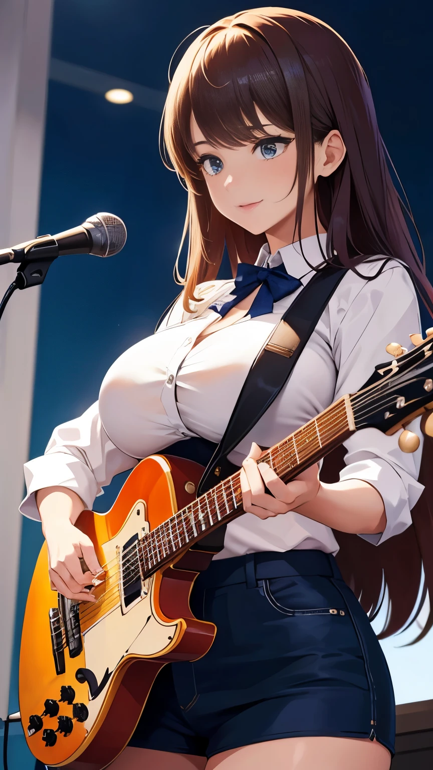 A top-notch beautiful girl busty guitarist playing with a high-class guitar