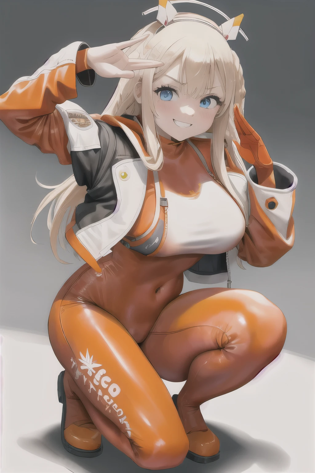 masterpiece, best quality, 1girl, solo, tove, headgear, braid, orange bodysuit, jacket, grin, looking at viewer, blush, long sleeves, full body, hood, salute, squatting,