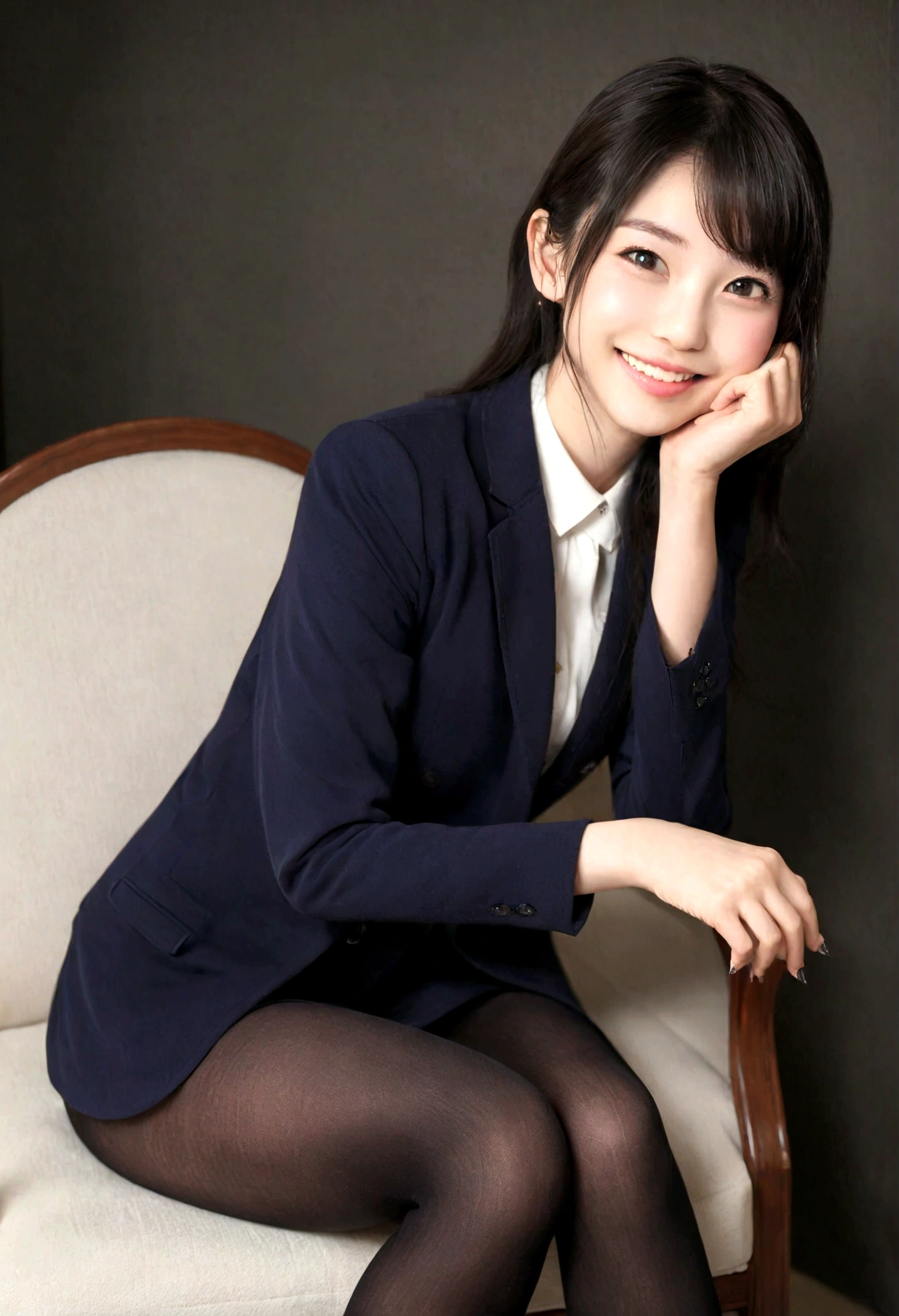 Ulzzang-6500-v1.1, (RAW Photos:1.2), (Photorealistic), Beautiful details, famous popular actress、 (Genuine: 1.4), Very detailed目と顔, Beautiful and fine details, ((Late night office:1.2)), ((Women&#39;s Suits:1.3, Ultra-realistic pantyhose:1.2))、Selfie、Instagram、game_Hmph, Sitting in a chair、Large file size, High resolution, Very detailed, highest quality, [masterpiece:1.6], Awareness-raising, Very detailed, Hmph, In detail, highest quality, 8k wallpaper, Cinema Lighting, One beautiful woman, Age 25, Perfect figure, Beautiful big droopy eyes、Pieck Finger, ((Tabletop)), highest quality, One mature woman, eye shadow, High heels、Portraiture, ((Full Body Shot:1.4))、(A very loving smile:1.2)、Realistic skin texture、Glowing Skin、Exposed thighs!!!
information