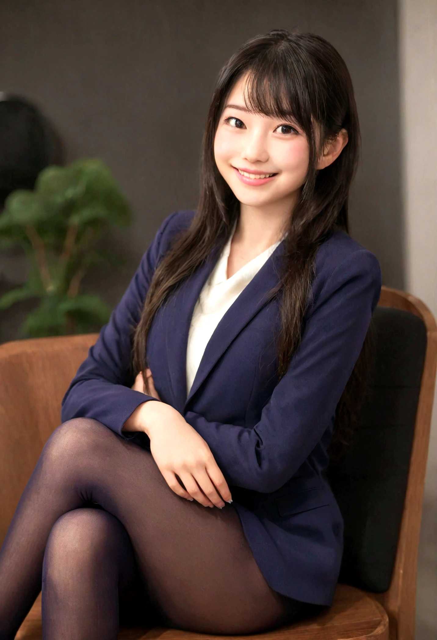Ulzzang-6500-v1.1, (RAW Photos:1.2), (Photorealistic), Beautiful details, famous popular actress、 (Genuine: 1.4), Very detailed目と顔, Beautiful and fine details, ((Late night office:1.2)), ((Women&#39;s Suits:1.3, Ultra-realistic pantyhose:1.2))、Selfie、Instagram、game_Hmph, Sitting in a chair、Large file size, High resolution, Very detailed, highest quality, [masterpiece:1.6], Awareness-raising, Very detailed, Hmph, In detail, highest quality, 8k wallpaper, Cinema Lighting, One beautiful woman, Age 25, Perfect figure, Beautiful big droopy eyes、Pieck Finger, ((Tabletop)), highest quality, One mature woman, eye shadow, High heels、Portraiture, ((Full Body Shot:1.4))、(A very loving smile:1.2)、Realistic skin texture、Glowing Skin、Exposed thighs!!!
information