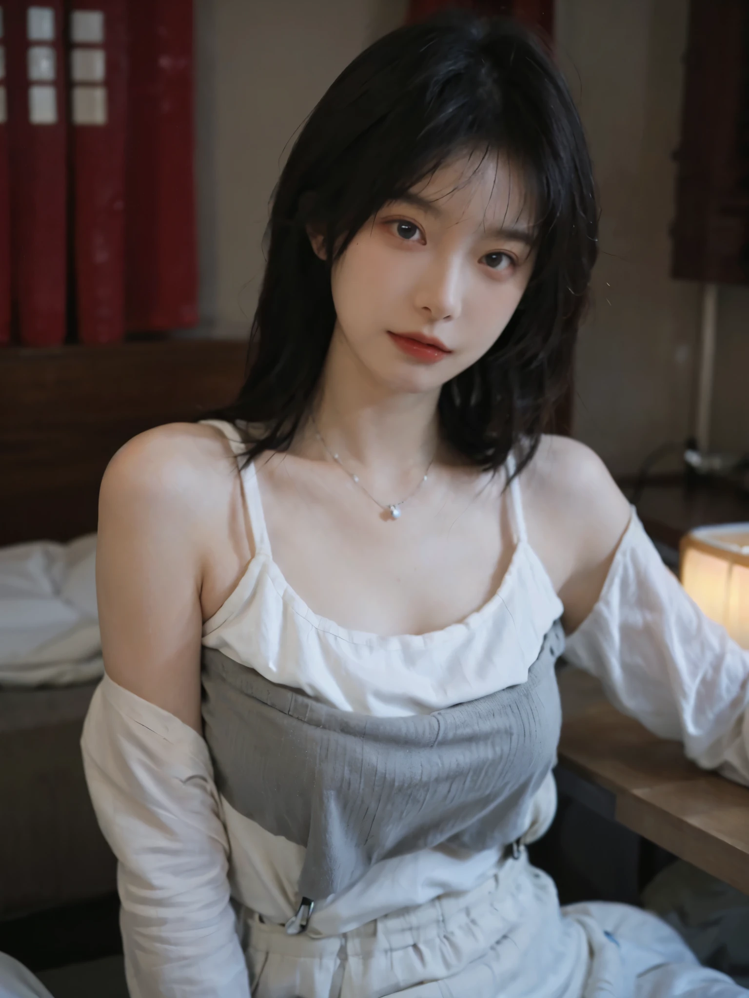 Film portrait photography, 2 girls, Bare shoulders,Lipstick，（flat chest：1.4）， Wear a necklace，Cute expression,Exquisite makeup，Red suspenders，serene, calm, (Realistic and detailed eyes, Natural skin texture, Realistic facial details), Big breasts：1.6，Big Breasts，Soft dramatic lighting, Depth of Field, Bokeh, Vibrant details, Detailed and detailed, Surreal, 35mm film, hazy, ,