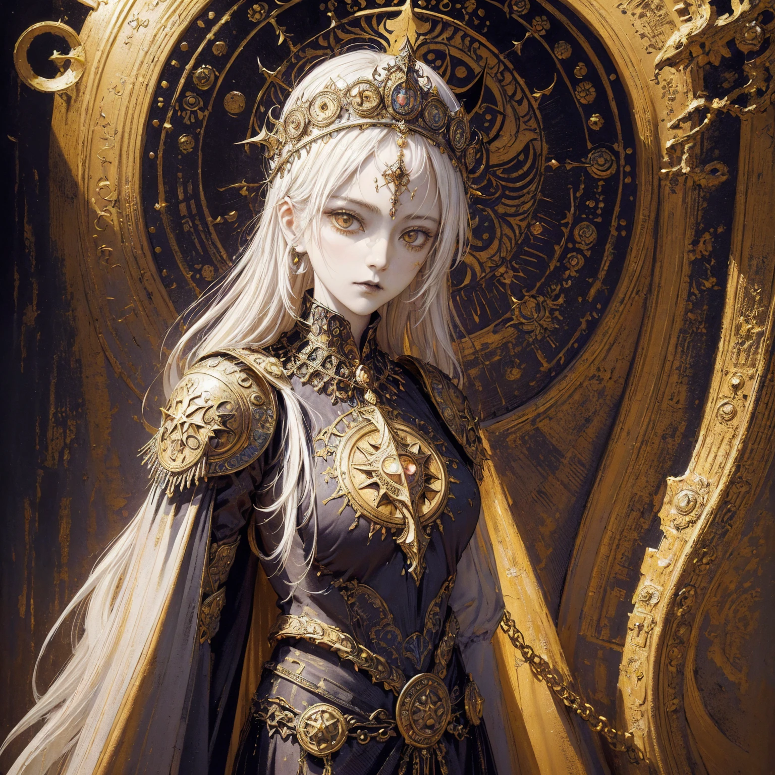 Art of a woman wearing a sun crown and shining breastplate, (((Occult art))), Very detailed goddess ancient art, Sacredness. Very detailed, Mysterious inspiration, Inspiration from the Sun God, (Faded pictures :1.2), Snob face, Full body portrait, (Gothic art style, Weird art style :1.3), Rich but true colors