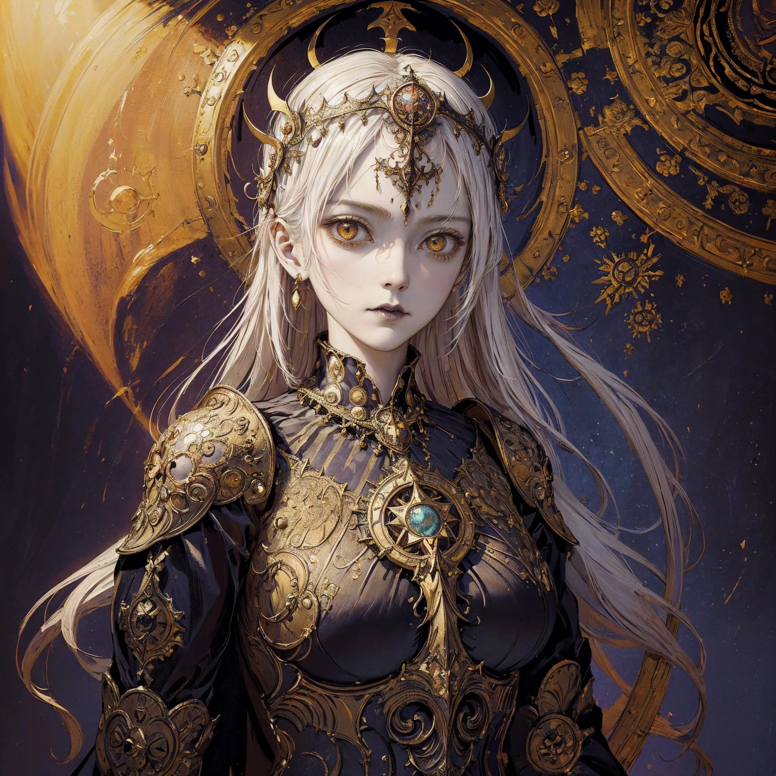 Art of a woman wearing a sun crown and shining breastplate, (((Occult art))), Very detailed goddess ancient art, Sacredness. Very detailed, Mysterious inspiration, Inspiration from the Sun God, (Faded pictures :1.2), Snob face, Full body portrait, (Gothic art style, Weird art style :1.3), Rich but true colors