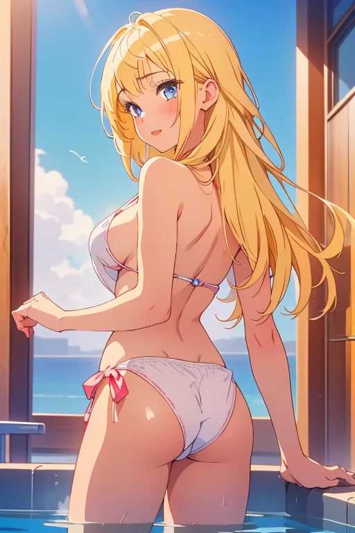 NSFW, (girl),((optimal quality)), ((Masterpiece)), (A detailed: 1.4),face red,perspire,showing niples, fully naked,The ultimate masterpiece,(fidelity:1.2),(sexy),open air bath, (Huge chest), Open crotch, Open legs, (Smooth: 1.1), (Cutes: 0.9), (shiny: 1.1). Blonde hair, slim waist, showing ass from behind, red lips, blue eyes, lust face