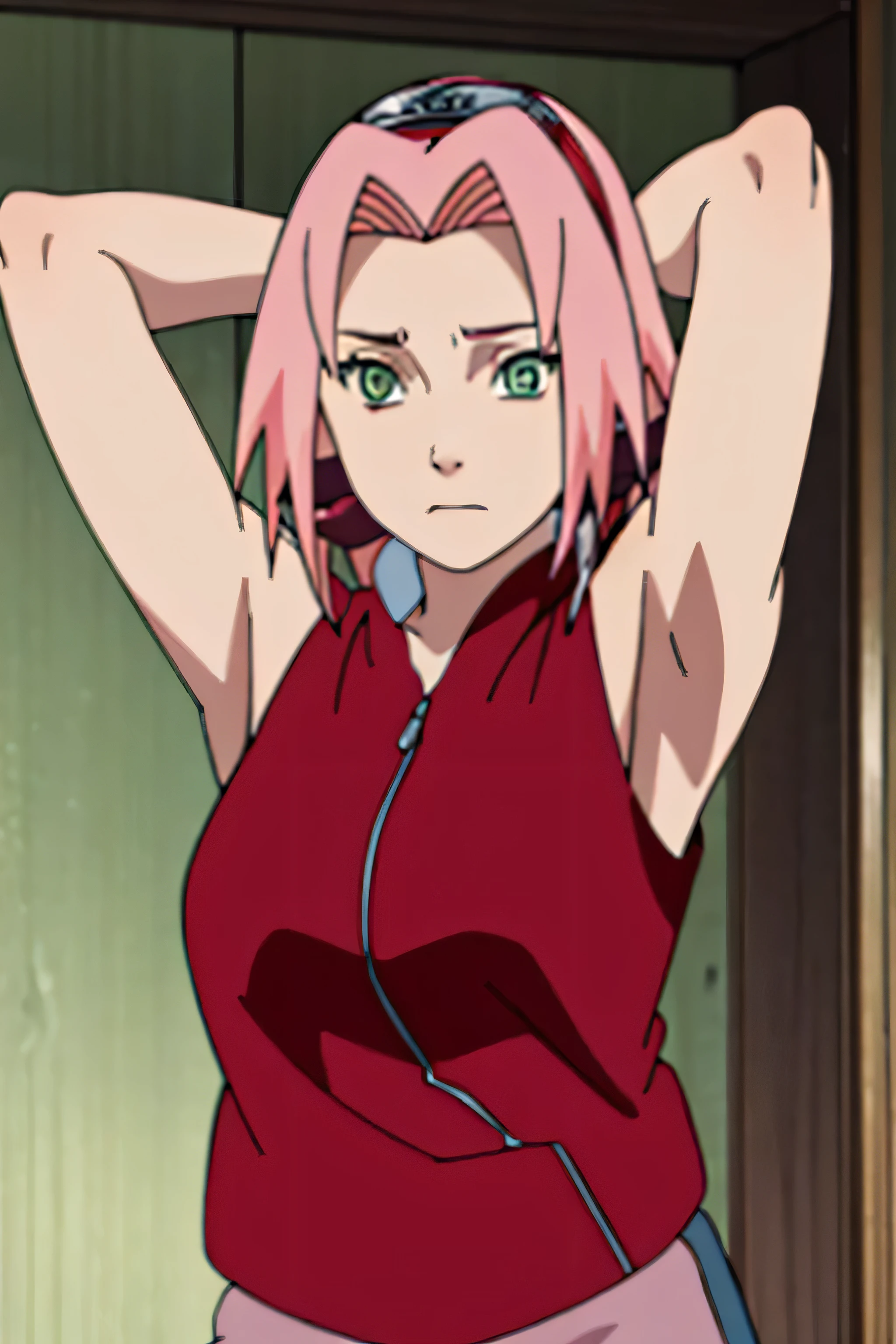 sakura haruno, sleeveless, red jacket, forehead protector, konohagakure symbol, arms behind head, armpits, showing armpits, posing, green eyes, perfect proportions, sakura shippuden