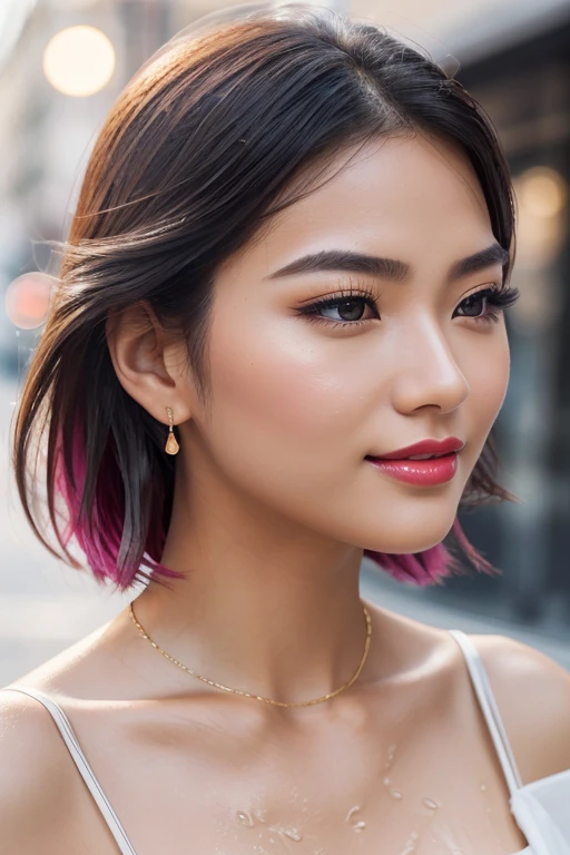1 girl, Korean model, extremely beautiful, perfect body. The Canon EOS R5 200mm f/11 IS III USM camera adjusts to sharp shooting mode for landscapes and the whole body of characters. 8K photo quality, lifelike, masterpiece, sharpest and highest contrast, super realistic color photos. Her hair is pink, long and smooth, the wind blows it beautifully under the bright sunlight. Beautiful face, perfect and sexy, holy, perfectly proportioned, beautiful in every detail, ((shiny)), high-end cosmetic makeup. Bright smile, pure white teeth and details. Attractive glossy red lips, brilliant glossy red lipstick. Brown eyes, glossy, seductive, ((sharp makeup)), realistic, ((wet eyes)), detailed. Pink eyeshadow, long eyelashes, blush, high-end cosmetics. Two delicate eyelids, perfectly beautiful and detailed, black eyelashes. Eyebrows are curved, sparse, sharp and detailed. High and detailed nose. Cheeks are prominent and detailed. ((Bright white skin)), detailed pores, shiny skin, smooth skin. Long, shiny legs. Hands are beautiful, perfect, ((no flaws)), no defects. Complex light, yellow-black rays, ((lights the face)), sparkling sunlight, ((lights the girl's body)). Gold and silver earrings, diamond necklace, emerald belt, Rolex watch.
Latest 2024 fashion style, hot atmosphere, cinematic lighting, eye-catching, large depth of field, stereoscopic lighting, modern street detailed background. ((Full body photo of the girl from head to toe)) standing on a crowded street, her chest exposed.