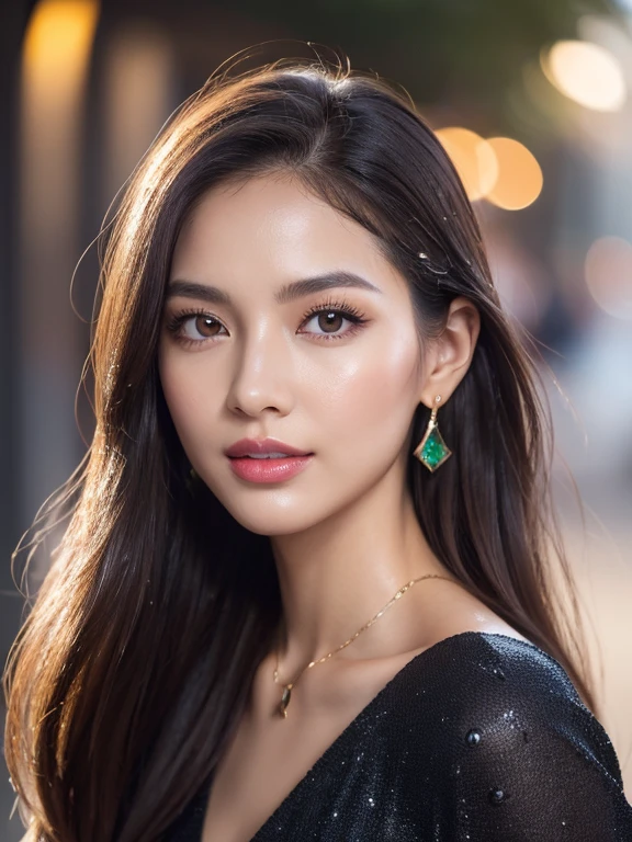 1 girl, Korean model, extremely beautiful, perfect body. The Canon EOS R5 200mm f/11 IS III USM camera adjusts to sharp shooting mode for landscapes and the whole body of characters. 8K photo quality, lifelike, masterpiece, sharpest and highest contrast, super realistic color photos. Her hair is pink, long and smooth, the wind blows it beautifully under the bright sunlight. Beautiful face, perfect and sexy, holy, perfectly proportioned, beautiful in every detail, ((shiny)), high-end cosmetic makeup. Bright smile, pure white teeth and details. Attractive glossy red lips, brilliant glossy red lipstick. Brown eyes, glossy, seductive, ((sharp makeup)), realistic, ((wet eyes)), detailed. Pink eyeshadow, long eyelashes, blush, high-end cosmetics. Two delicate eyelids, perfectly beautiful and detailed, black eyelashes. Eyebrows are curved, sparse, sharp and detailed. High and detailed nose. Cheeks are prominent and detailed. ((Bright white skin)), detailed pores, shiny skin, smooth skin. Long, shiny legs. Hands are beautiful, perfect, ((no flaws)), no defects. Complex light, yellow-black rays, ((lights the face)), sparkling sunlight, ((lights the girl's body)). Gold and silver earrings, diamond necklace, emerald belt, Rolex watch.
Latest 2024 fashion style, hot atmosphere, cinematic lighting, eye-catching, large depth of field, stereoscopic lighting, modern street detailed background. ((Full body photo of the girl from head to toe)) standing on a crowded street, her chest exposed.