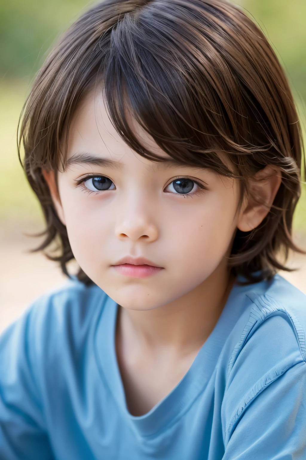 A close-up, photorealistic portrait of a young boy, around 8 , with soft, tousled brown hair and large, expressive blue eyes, his face filled with curiosity and wonder. The photograph is taken with a Nikon Z9 full-frame mirrorless camera paired with a Leica Noctilux-M 50mm f/0.95 lens, ensuring exquisite sharpness and detail. The composition is tight, focusing solely on the boy's face, capturing the fine details of his skin and the light reflecting in his eyes. The lighting setup uses a large softbox positioned directly above the camera for a flattering, soft light that highlights the boy's features. Shot with a wide-open aperture at f/0.95 to create an extremely shallow depth of field, blurring the background into a creamy bokeh. The image is rendered in hyperrealistic 16K resolution, with rich, lifelike colors graded in the ACES color space for a natural, yet striking appearance. Uncompromising attention to detail eliminates any imperfections, ensuring a flawless, lifelike image. --ar 1:1 --v 6.0 --q 2 --s 1000