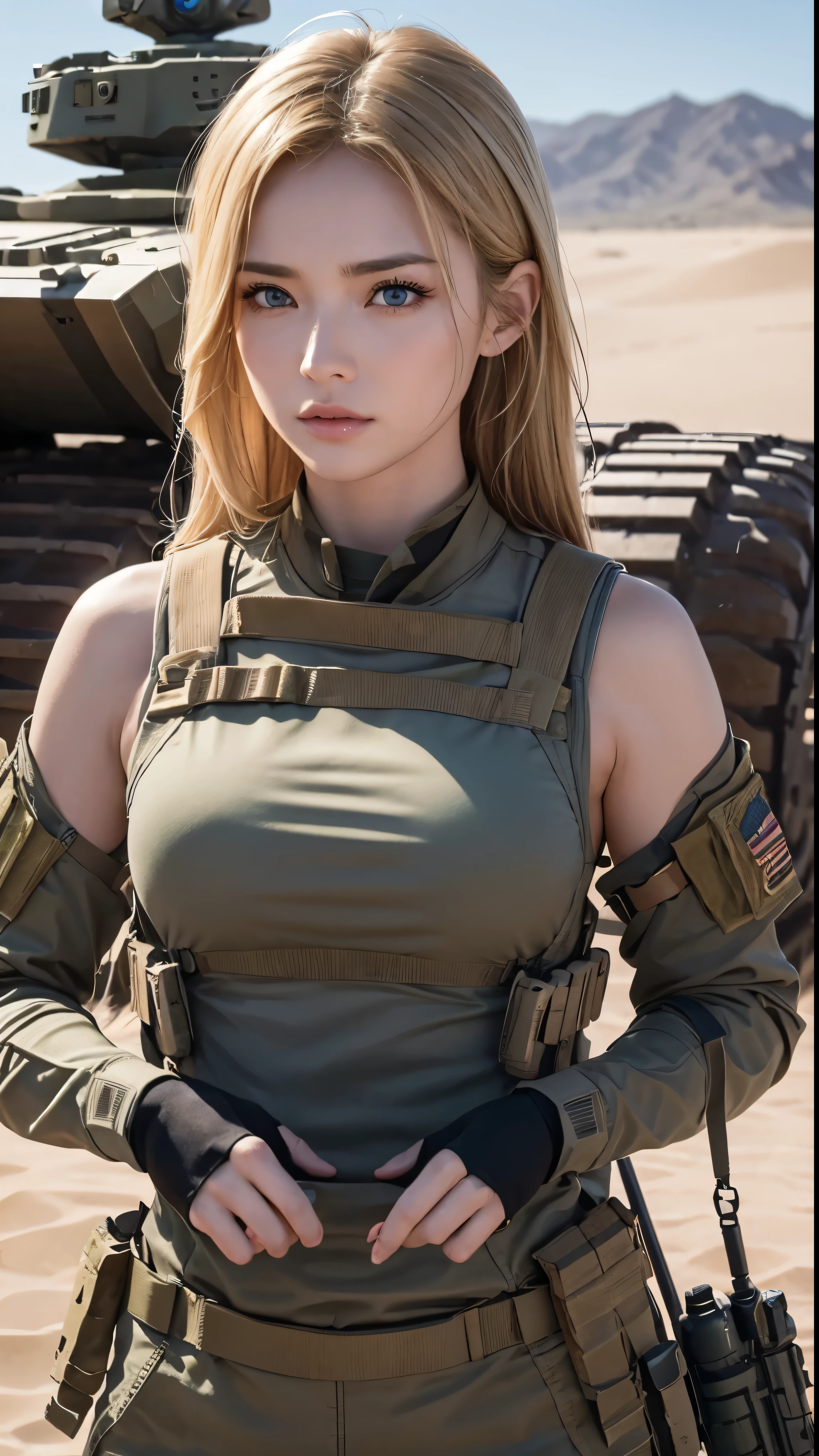 Beautiful Female Soldier in Support of Special Operations Group in a breathtaking cinematic scene from Hollywood movie、It showcases a panoramic view of an M-1 Abrams tank firing across a vast golden desert.。The protagonist is、A 35-year-old soldier with short, sandy blonde hair and piercing blue eyes.、The expression is serious yet determined.。Jaws clenched、Her lips are pressed together in a thin line、There are slight wrinkles at the corners of the eyes.、There is a hint of excitement in the air。The tanks are beautifully detailed.、Metal corner々It is perceived in a complex way.、Very detailed and gives the impression of a high budget production。Shallow depth of field、The tank and the soldier remain in focus.