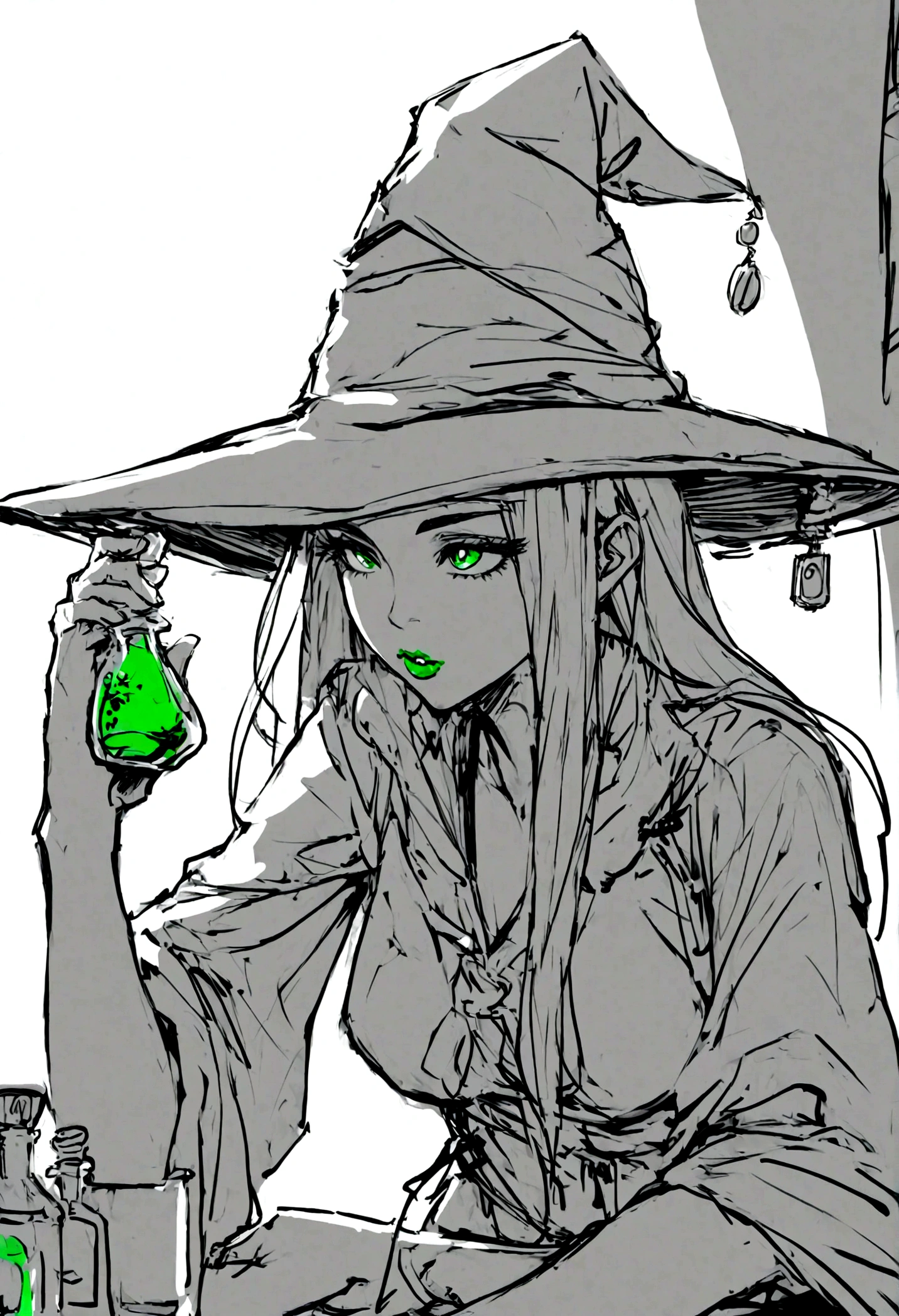 A witch woman, holding 2 potions, one antidote, one poison, black and white style, sketch like dollar bills
