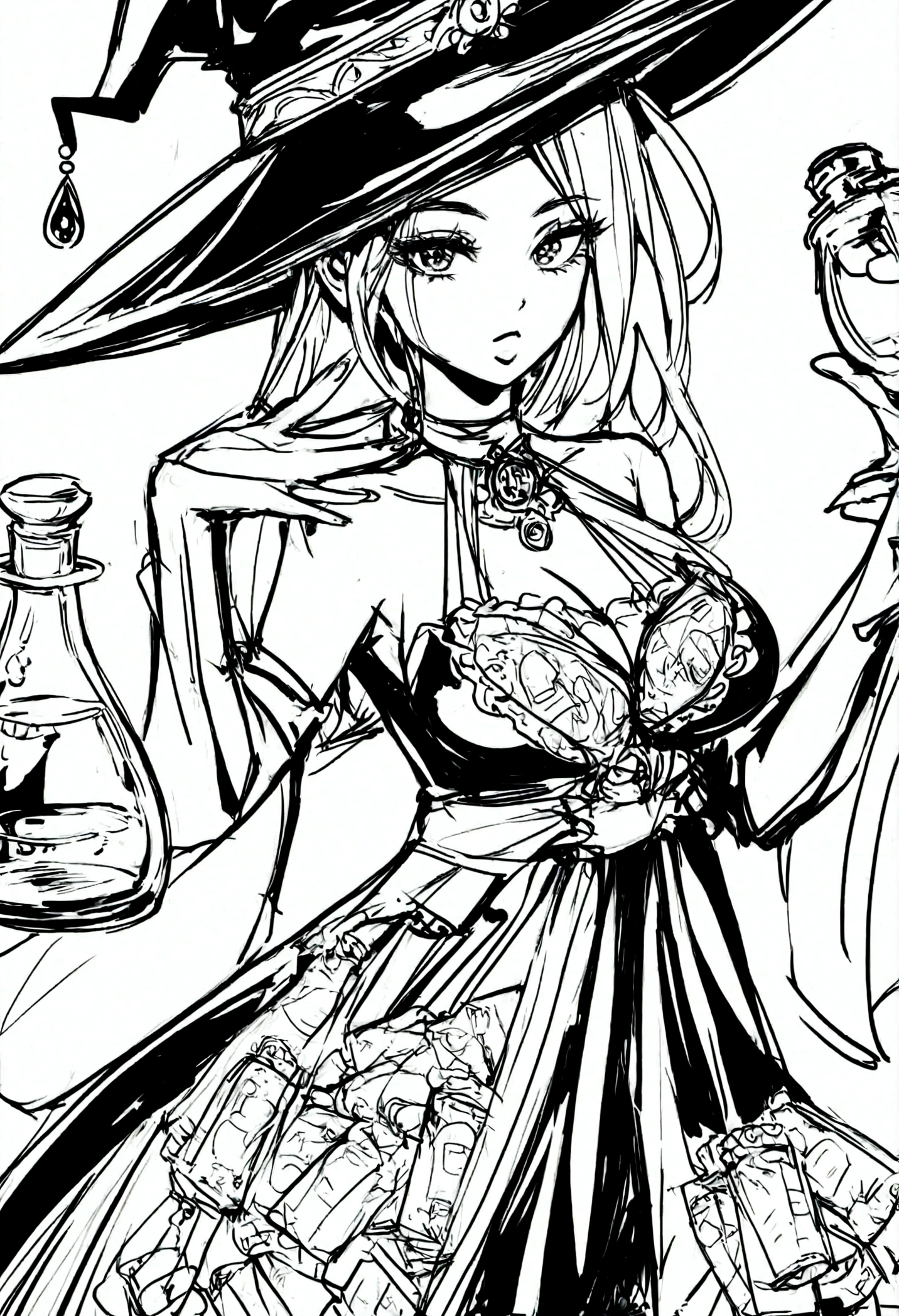 A witch woman, holding 2 potions, one antidote, one poison, black and white style, sketch like dollar bills