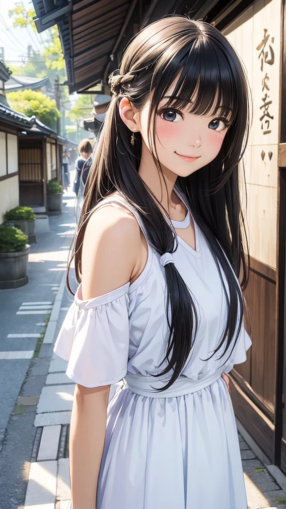 young woman、smile、Cool hairstyle、Blushing、masterpiece、High resolution、16k、Spring clothes in fresh colors、(Very close:1.5)、Explore the streets of Kyoto、(Depicting the upper body:1.5)