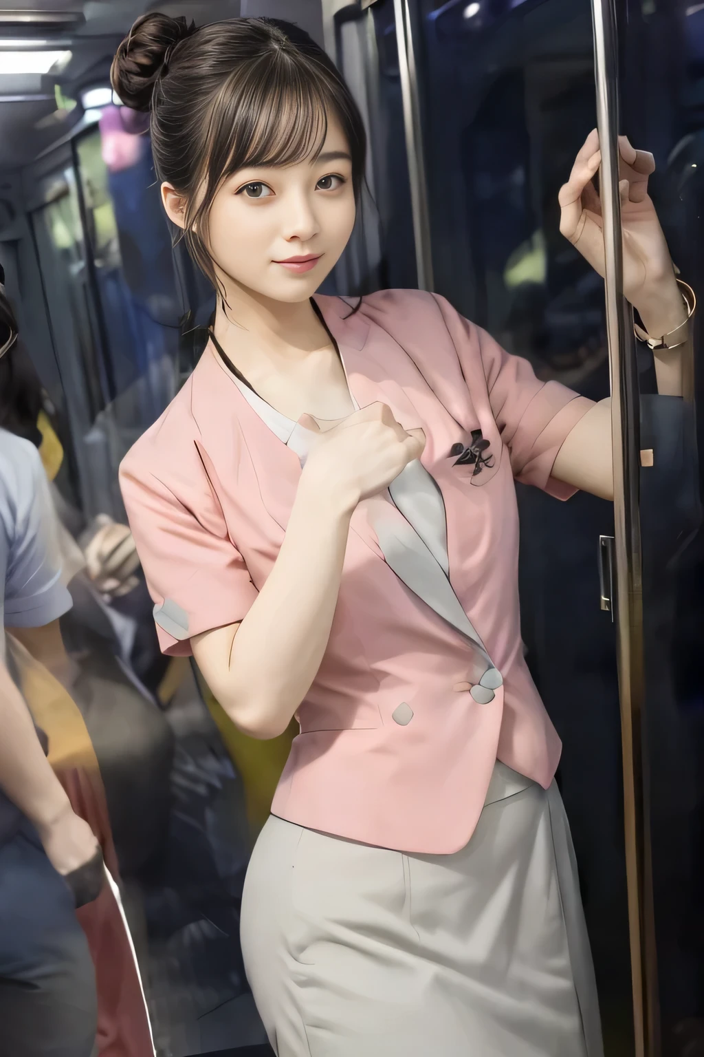 (masterpiece:1.2, highest quality:1.2), 32K HDR, High resolution, (alone、1 girl)、(On the rooftop of a building in the daytime、Professional Lighting)、Building rooftop background、(Nankai train crew uniform pinkを着たリアルスタイル)、(Nankai train crew uniform pink short sleeve collarless pink jacket、Nankai Train Crew Uniform Pink Collarless Short Sleeve Blouse、Nankai Train Crew Uniform Pink Grey Knee-length Culottes)、((The bottom of the pink short-sleeved jacket cannot be tucked into the clay-colored culottes.))、Dark brown hair、(Hair tied up、Hair Bun、Hair Bun)、Dark brown hair、Long Shot、Big Breasts、Thin legs、((Great hands:2.0)),((Harmonious body proportions:1.5)),((Normal limbs:2.0)),((Normal finger:2.0)),((Delicate eyes:2.0)),((Normal eyes:2.0)))、smile、(Nankai Train Crew Uniform Pink Grey Knee-length Culottesを見せた美しい立ち姿)、