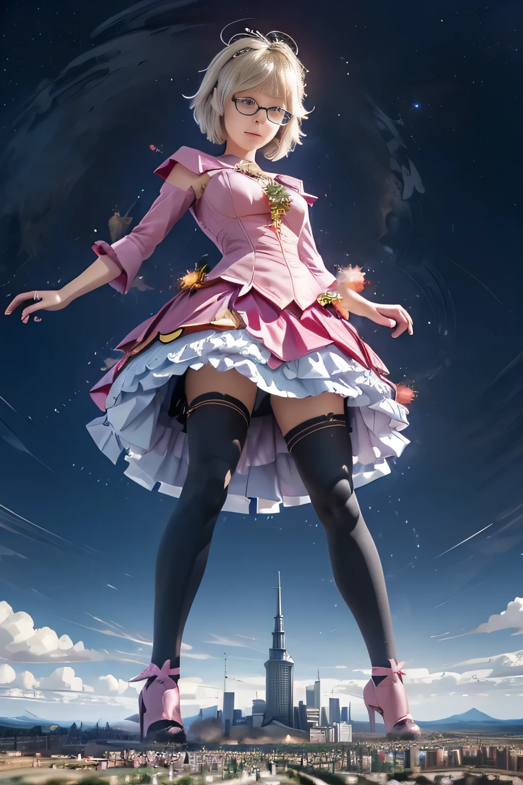 giantess art, highly detailed giantess shots, giantess, Two legs, Five fingers, short hair, A beautiful girl who is bigger than a skyscraper, Wearing rimless glasses, smile, Big Breasts, pink dress, bow, magical girl, holding a magical wand, black pantyhose, pink stiletto heels, thunderbolt from a magical wand, Destroying cities, A very small big city, Miniature metropolis, Full body description, GTS, giga giantess, stomping city, crash city, tiny city, micro city, pantyhose feet, High resolution, highest quality, masterpiece, 