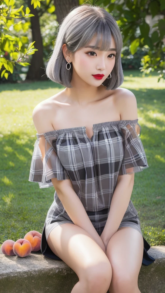 (8k, Photorealistic, Raw photo, Highest quality: 1.4),Japanese idol-style beautiful girl,1 person,18-year-old,Hairstyle(Very Short Bob,silver),She has her hair tucked behind her ears,She wears small earrings in her ears,(pupil(big,Transparent grey :1.5)),Long eyelashes,Plump Cheeks,(lips(lipstick(peach :1.3)Painting,lipstickの上からグロスを塗り艶やかでふっくらとしている)),Smiling,A short pendant is hanging around her neck,Thin and delicate shoulders,(Manicure(Black :1.5)on the nails of both hands),Thin waist,(barefoot),(Manicure(Black)on the nails of both feet.),(Summer knitwear(sleeveless off shoulder :1.5,Plain :1.7,White :1.7)Wearing it on bare skin),I can see her cleavage,(Pleated skirt(Plaid,Black :1.7)Wear),(On the grass under the tree in the park),(Sit in a hu sit :1.7),(Place your hands on your crotch),She is surrounded by the gentle sunlight filtering through the trees.,Angle from the front,whole body ports