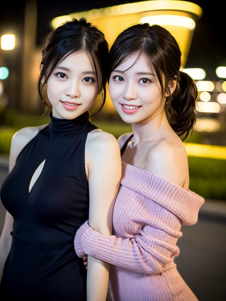 a pair of gorgeous identical twin sisters, age 18, in a light-color and a dark-color Asymmetrical Open Shoulder Knit Tight Dress, posing naturally under night sky, dimpled smile, short ponytail, short hair, cute snaggleteeth, well-endowed round bosom, enchanting cleavage, photorealistic, beautiful detailed eyes, hyper-realism, high contrast, ultra HD, realistic skin textures, top image quality, top-quality, super high resolution, fine details, very meticulously, bokeh background, focused shot head-to-waist